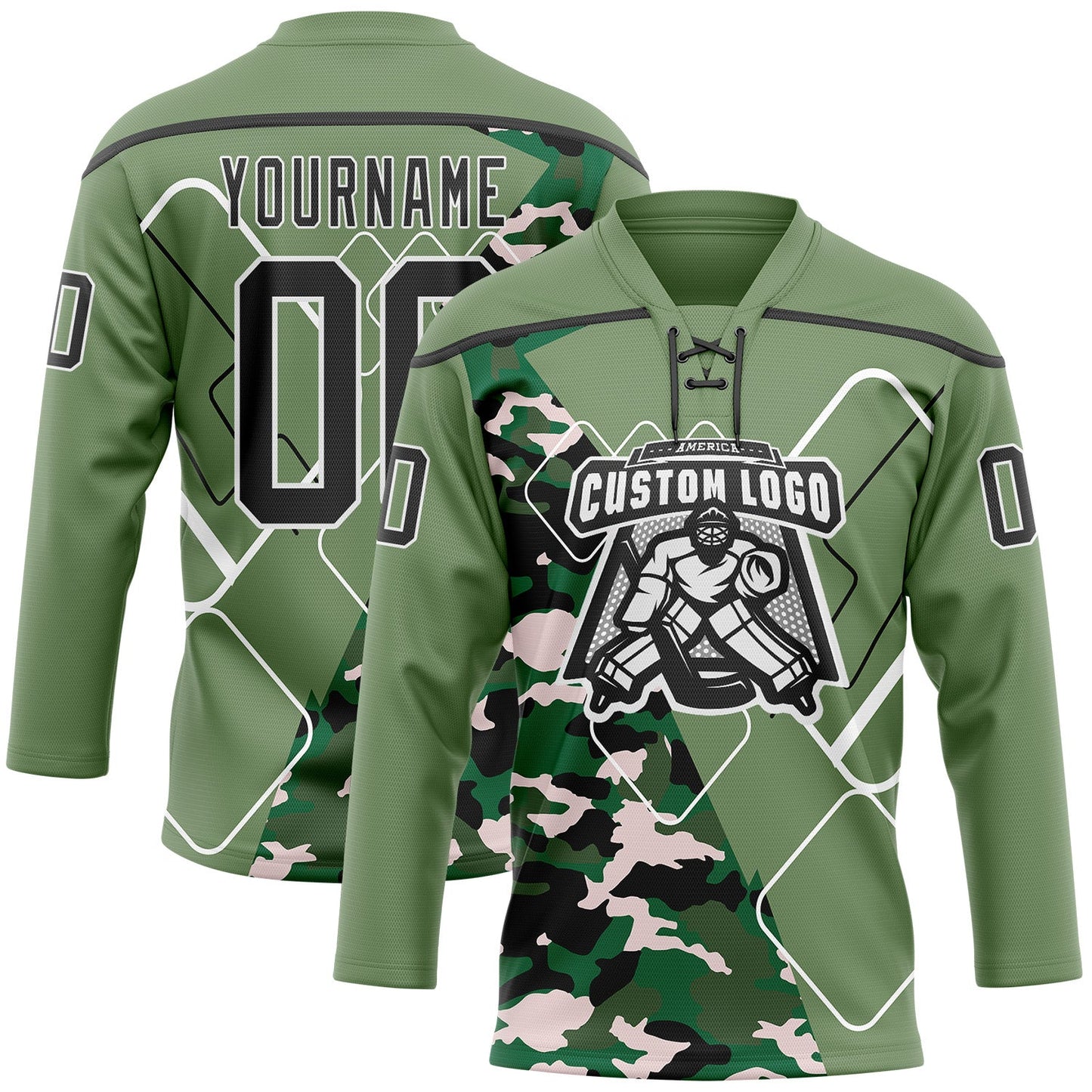 Custom Camo Black Green-White 3D Camouflage Geometric Hockey Lace Neck Jersey view 2