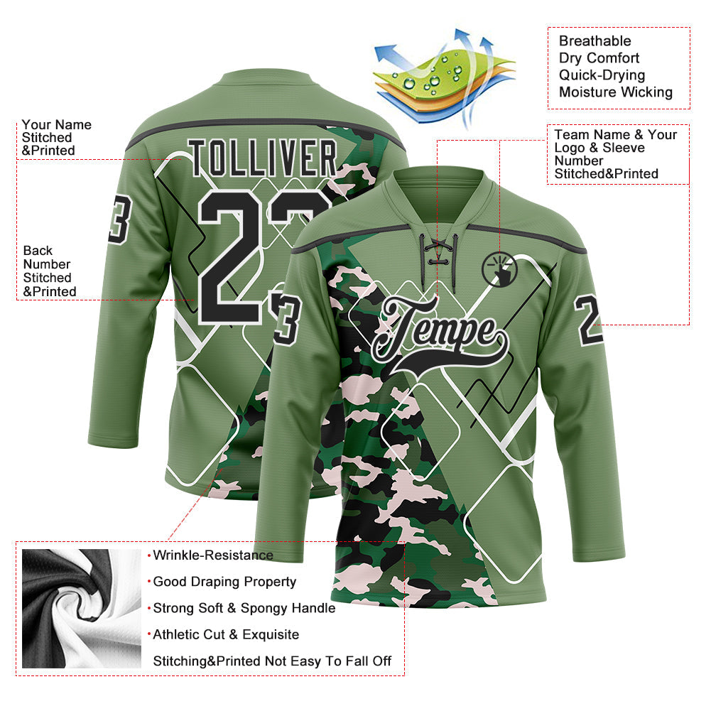 Custom Camo Black Green-White 3D Camouflage Geometric Hockey Lace Neck Jersey view 5
