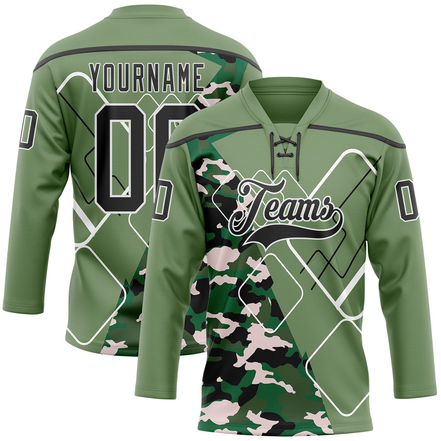 Custom Camo Black Green-White 3D Camouflage Geometric Hockey Lace Neck Jersey - Main View