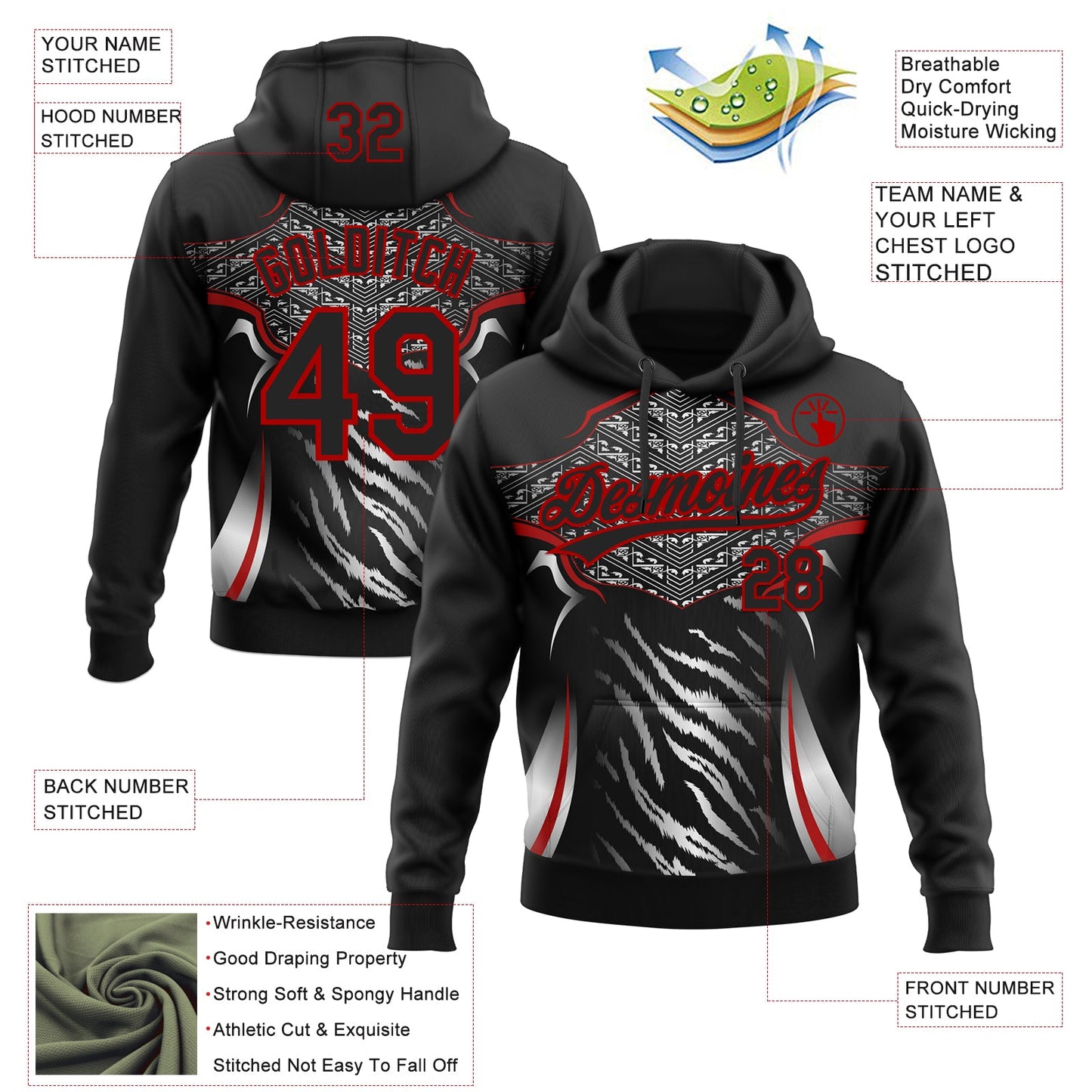 Custom Stitched Black Red-White E-sports Pattern Pullover Sweatshirt Hoodie view 4