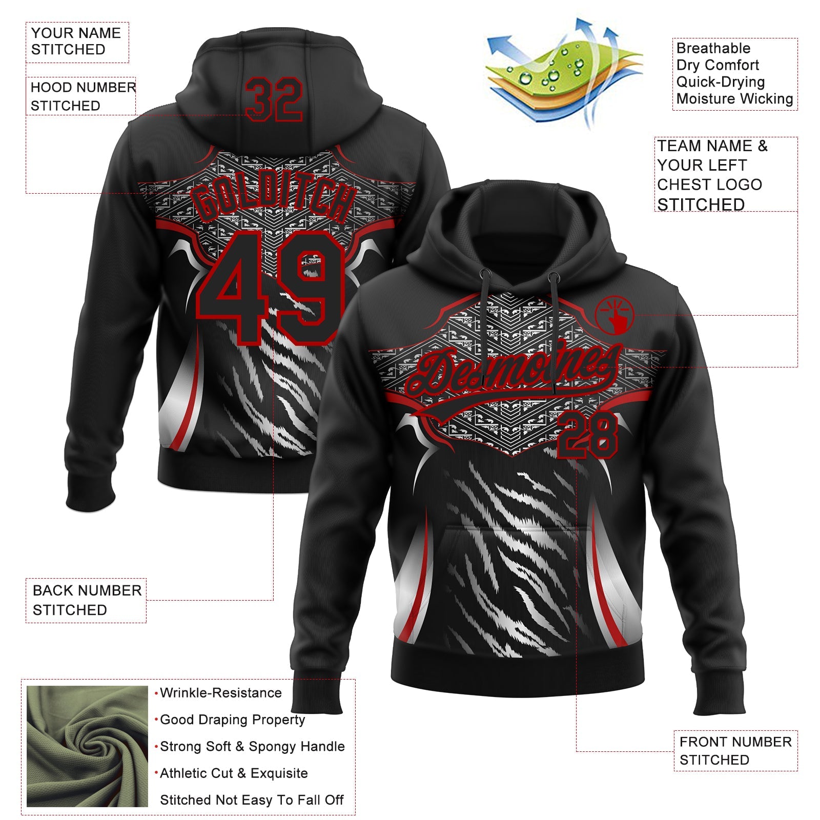 Custom Stitched Black Red-White E-sports Pattern Pullover Sweatshirt Hoodie view 4