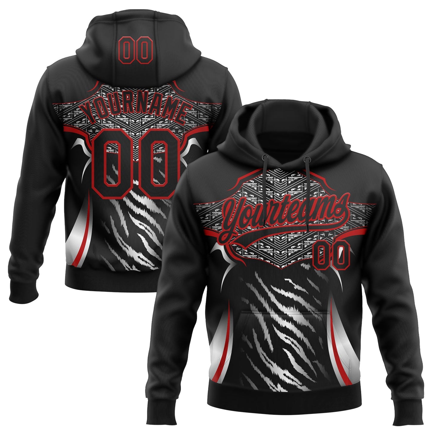Custom Stitched Black Red-White E-sports Pattern Pullover Sweatshirt Hoodie - Main View