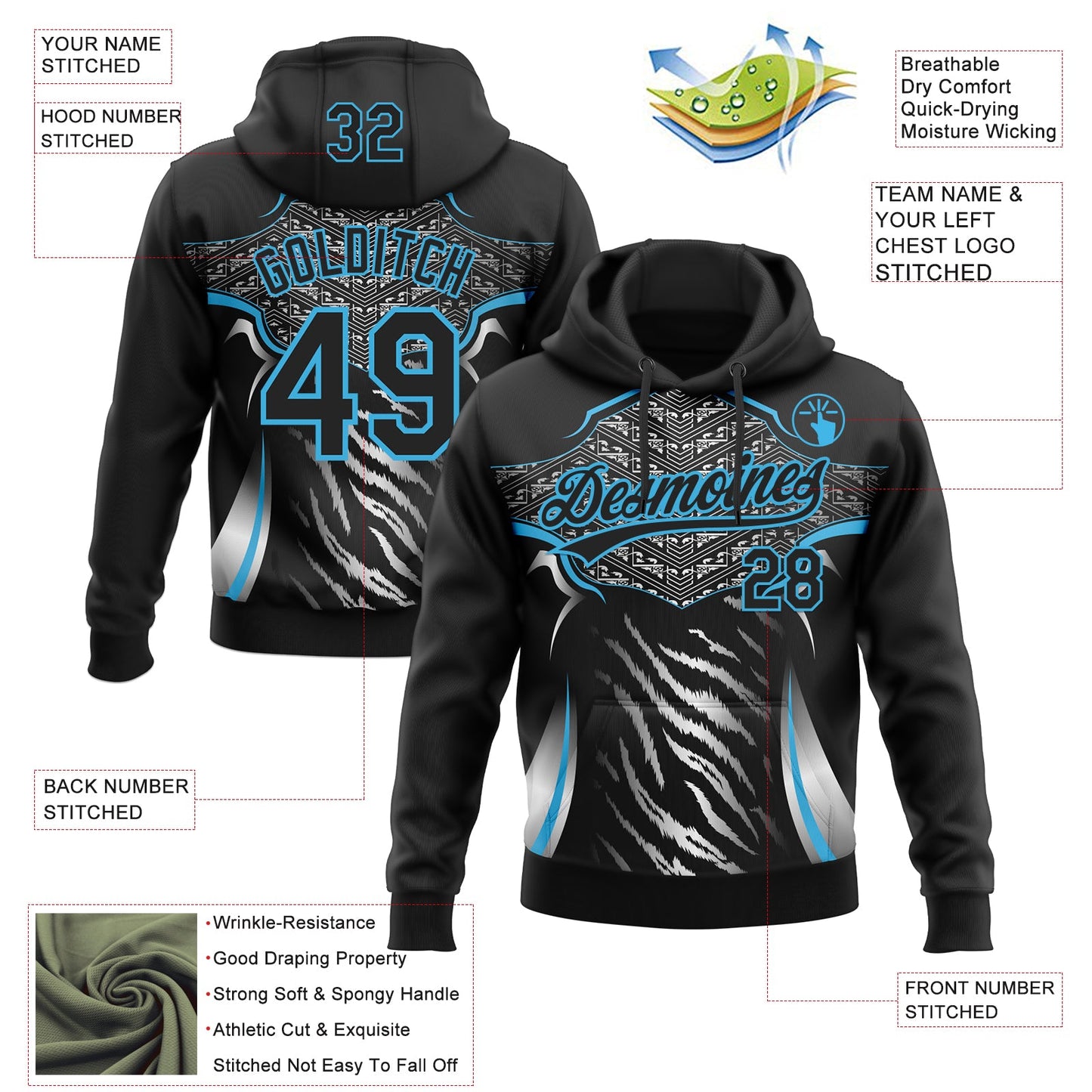 Custom Stitched Black Sky Blue-White E-sports Pattern Pullover Sweatshirt Hoodie view 4