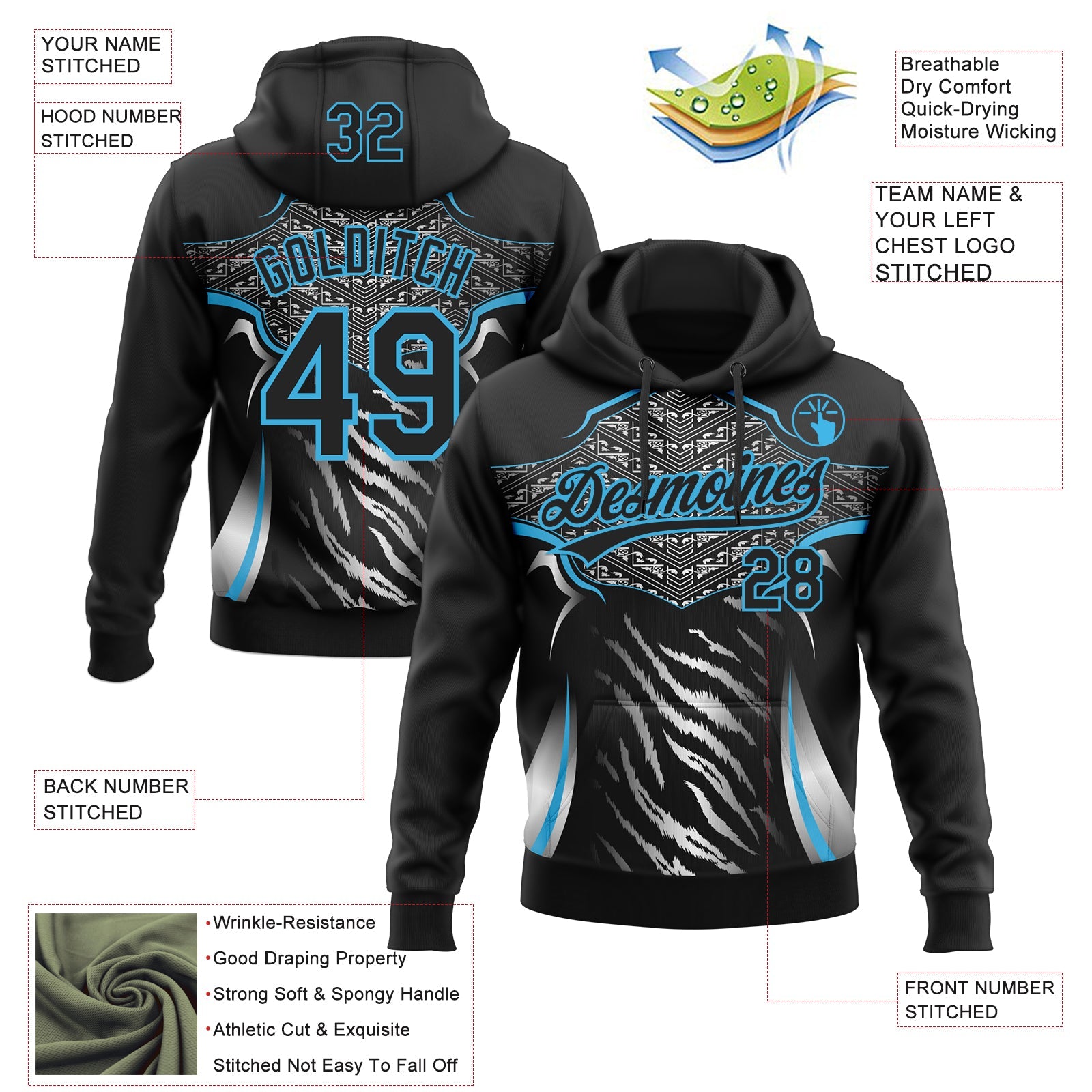Custom Stitched Black Sky Blue-White E-sports Pattern Pullover Sweatshirt Hoodie view 4