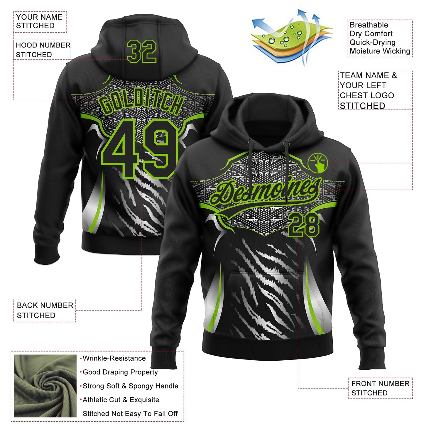 Custom Stitched Black Neon Green-White E-sports Pattern Pullover Sweatshirt Hoodie view 4