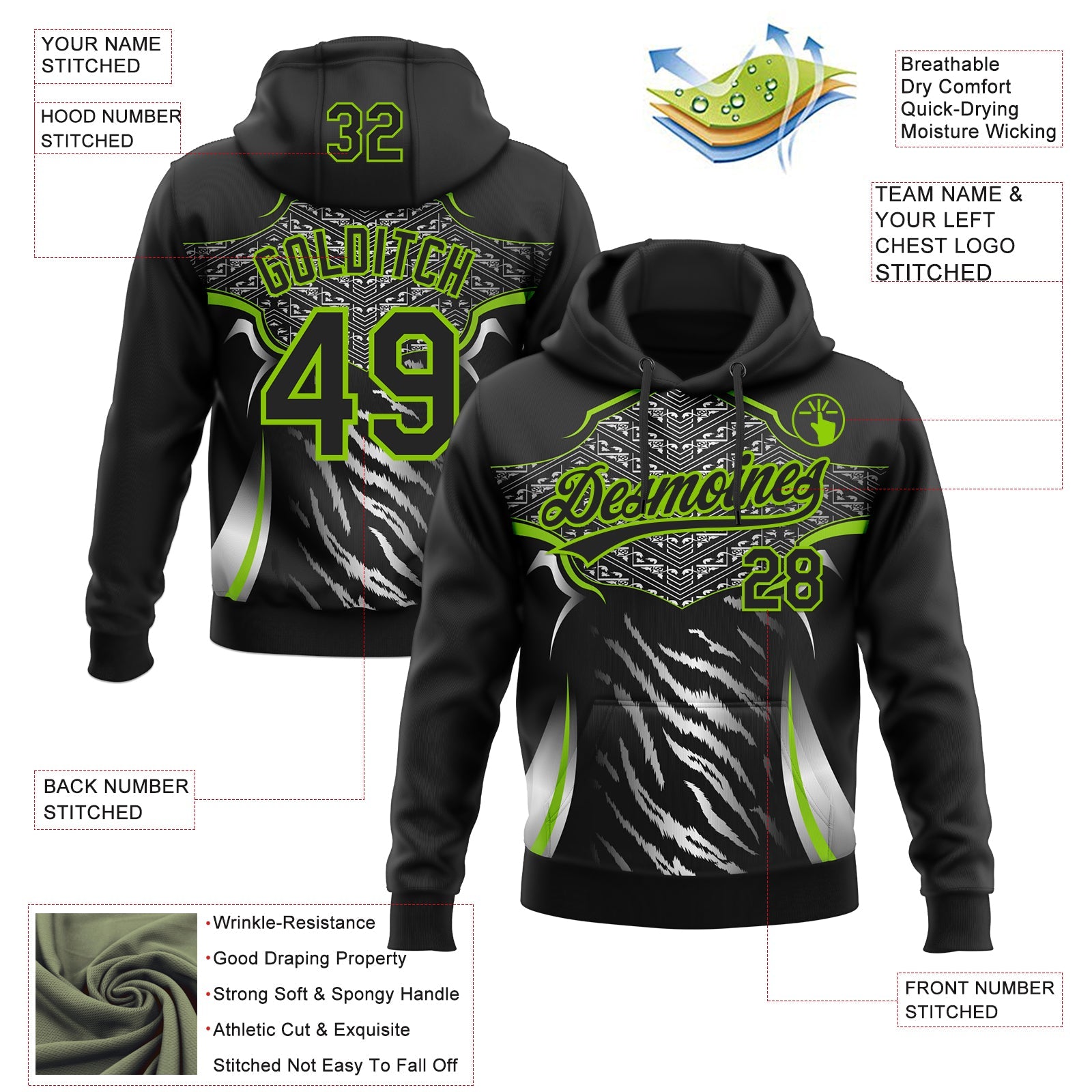 Custom Stitched Black Neon Green-White E-sports Pattern Pullover Sweatshirt Hoodie view 4