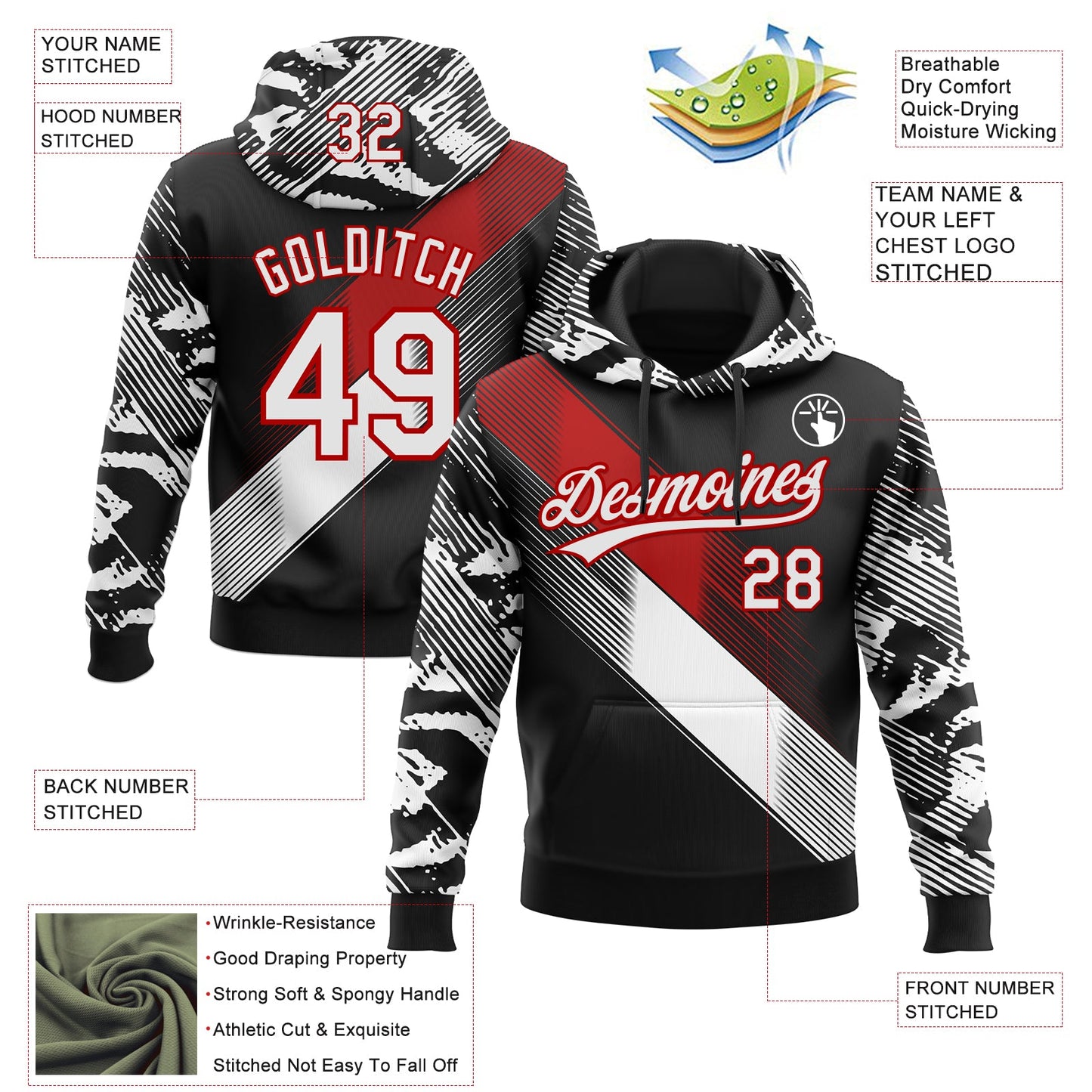 Custom Stitched Black White-Red E-sports Pattern Pullover Sweatshirt Hoodie view 4