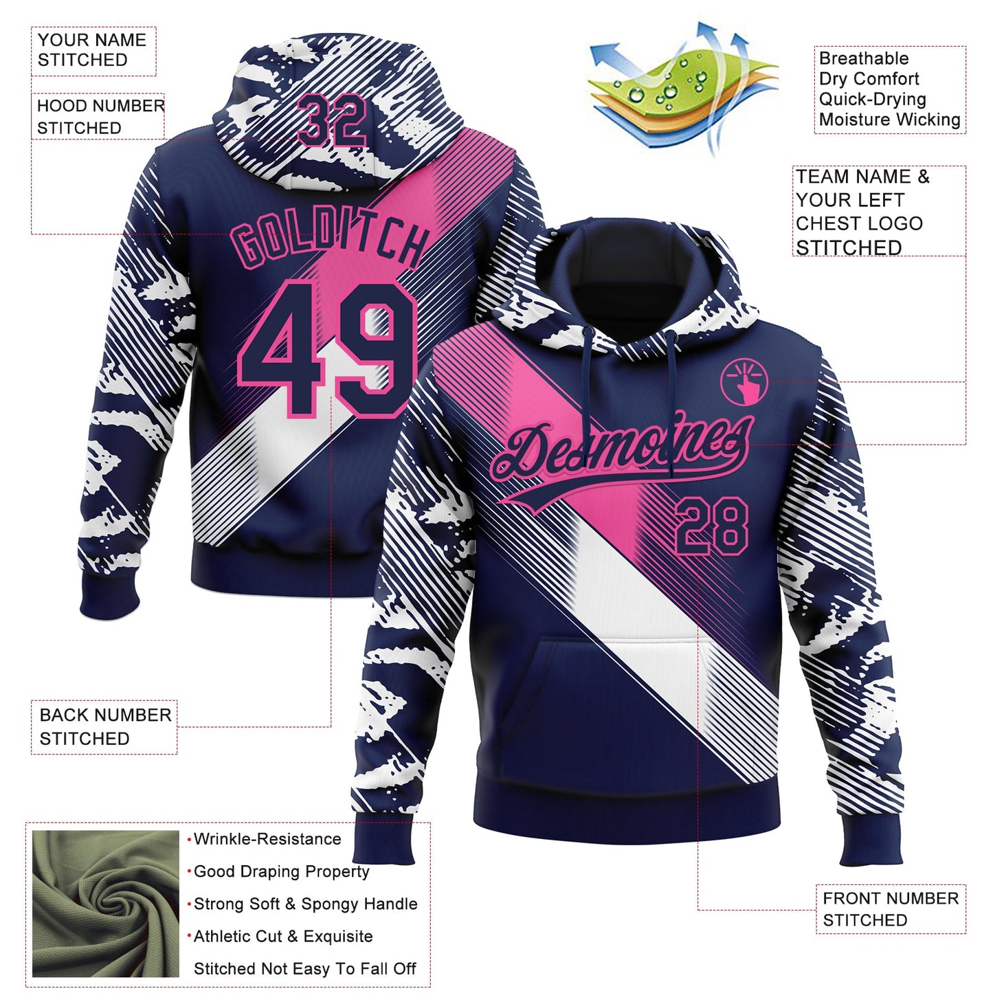 Custom Stitched Navy Pink-White E-sports Pattern Pullover Sweatshirt Hoodie view 4