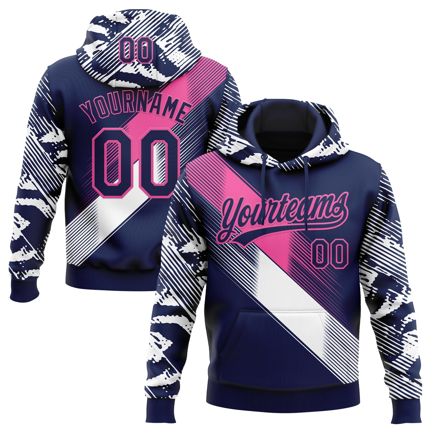 Custom Stitched Navy Pink-White E-sports Pattern Pullover Sweatshirt Hoodie - Main View