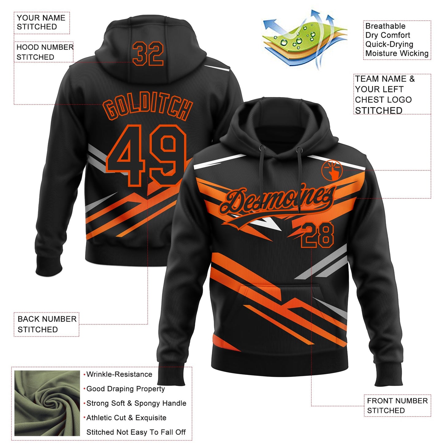Custom Stitched Black Orange-White E-sports Pattern Pullover Sweatshirt Hoodie view 4