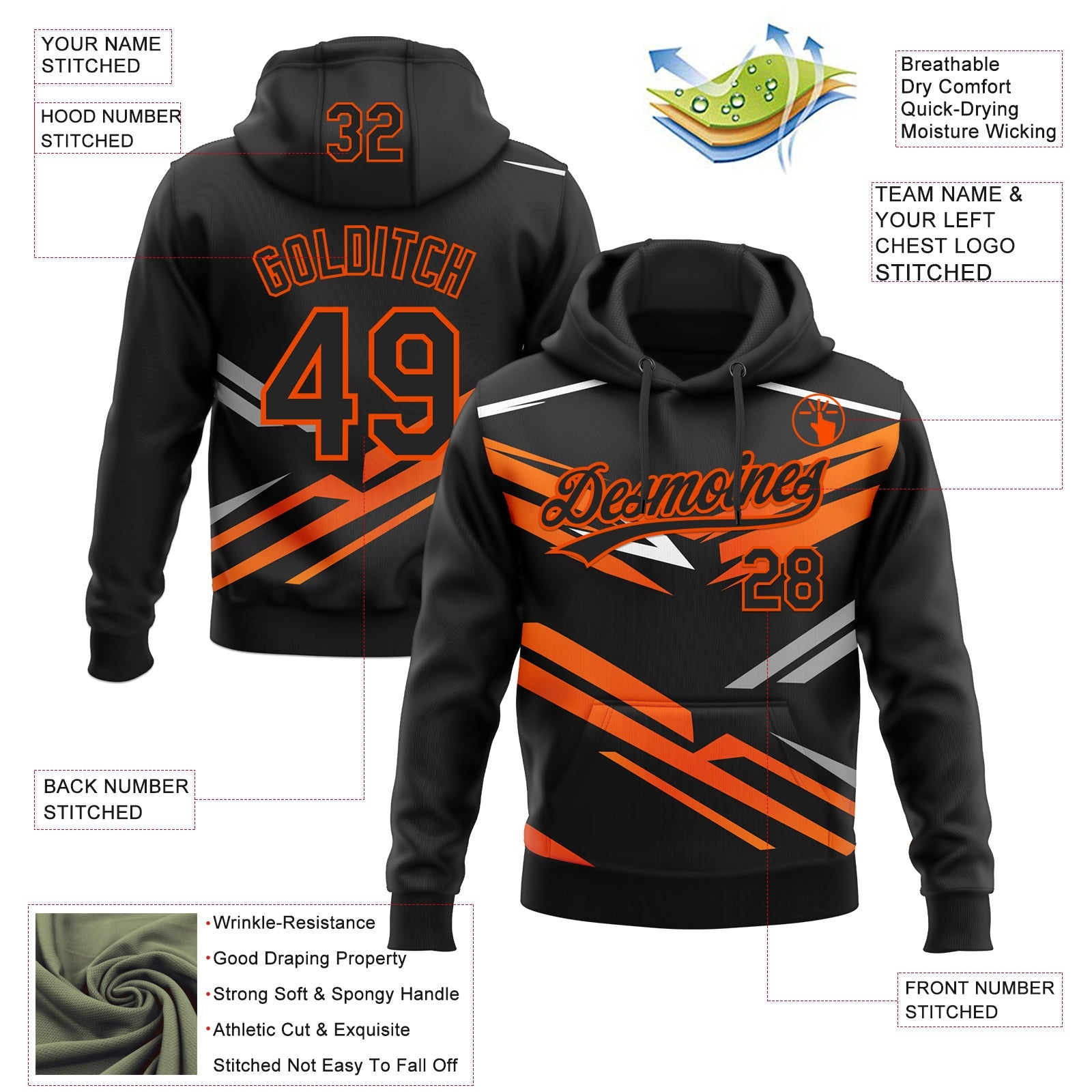 Custom Stitched Black Orange-White E-sports Pattern Pullover Sweatshirt Hoodie view 4