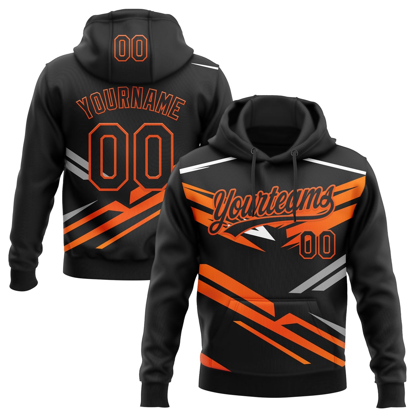 Custom Stitched Black Orange-White E-sports Pattern Pullover Sweatshirt Hoodie - Main View