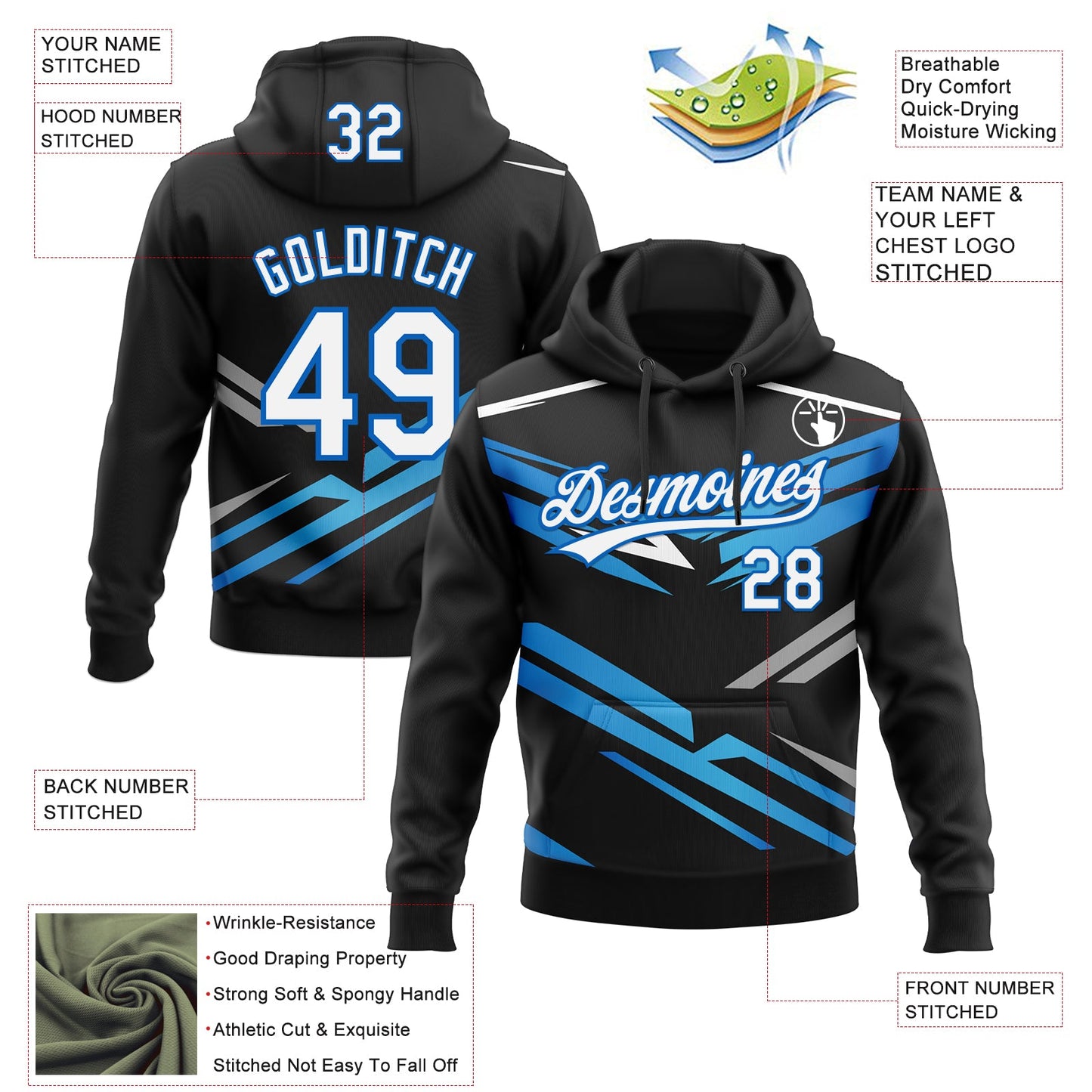 Custom Stitched Black White-Sky Blue E-sports Pattern Pullover Sweatshirt Hoodie view 4