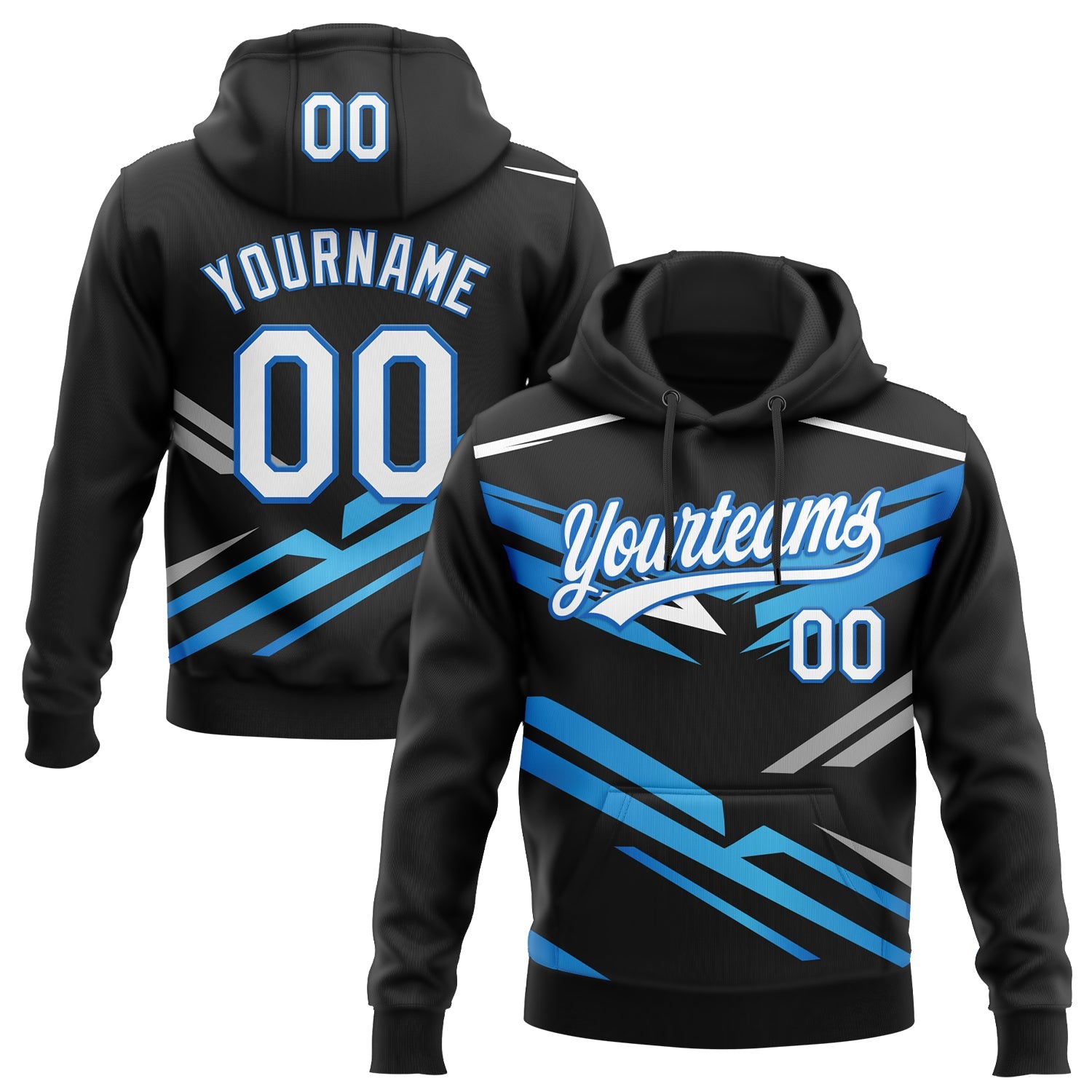 Custom Stitched Black White-Sky Blue E-sports Pattern Pullover Sweatshirt Hoodie - Main View