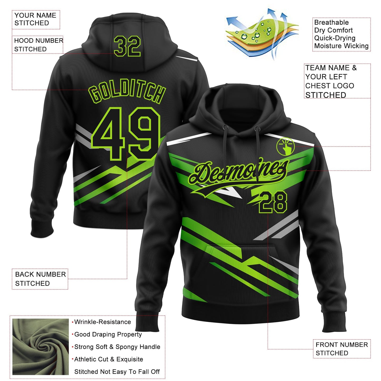 Custom Stitched Black Neon Green-White E-sports Pattern Pullover Sweatshirt Hoodie view 4