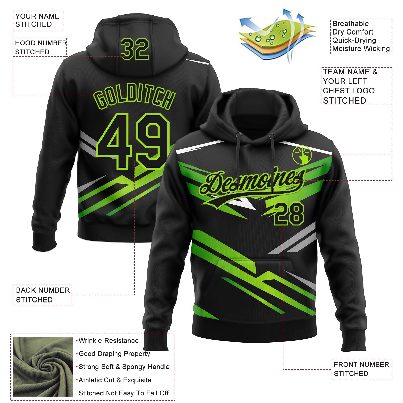 Custom Stitched Black Neon Green-White E-sports Pattern Pullover Sweatshirt Hoodie view 4