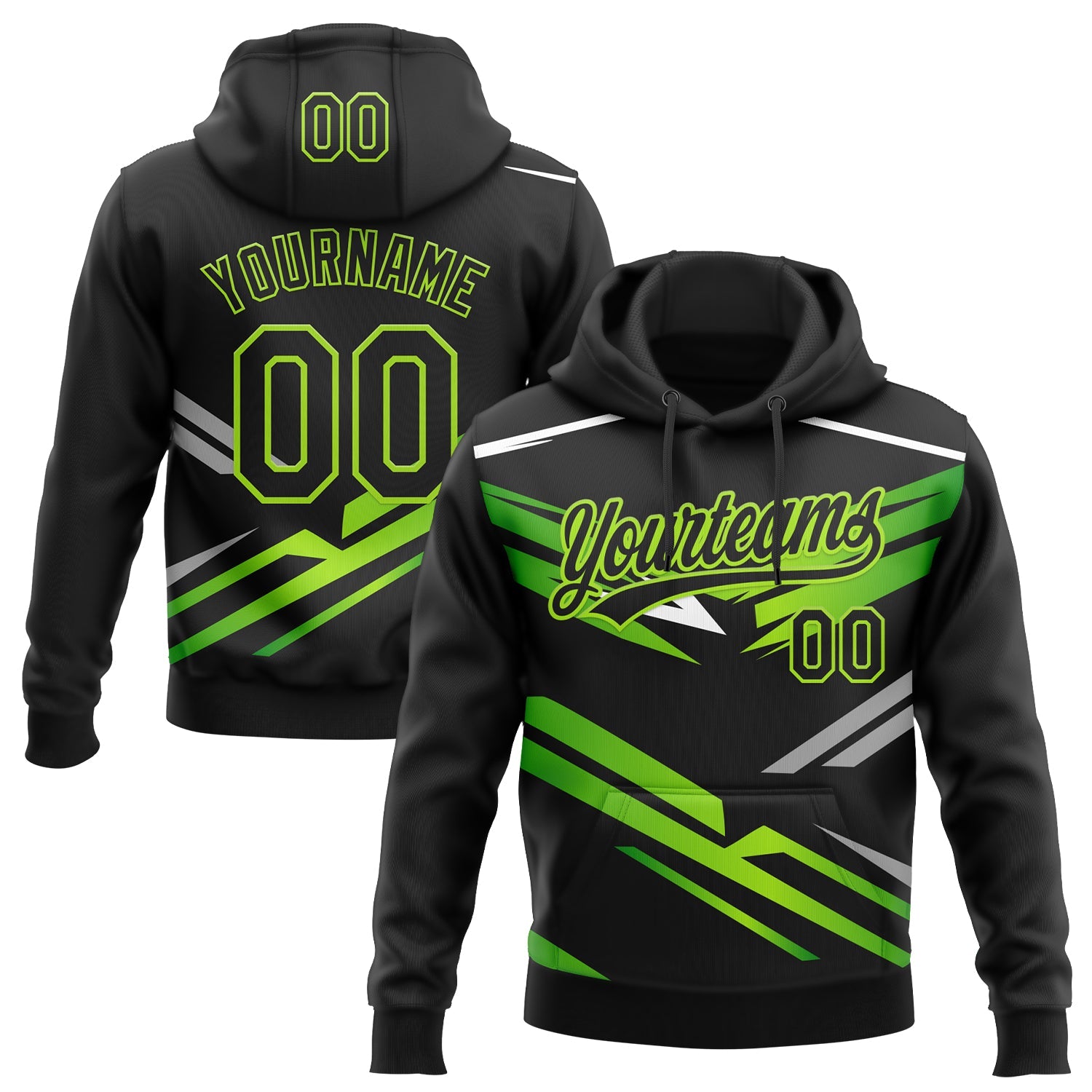 Custom Stitched Black Neon Green-White E-sports Pattern Pullover Sweatshirt Hoodie - Main View