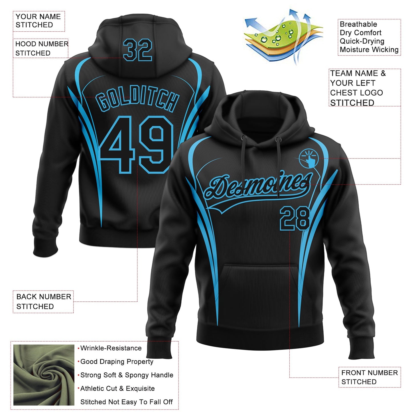 Custom Stitched Black Sky Blue E-sports Pattern Pullover Sweatshirt Hoodie view 4
