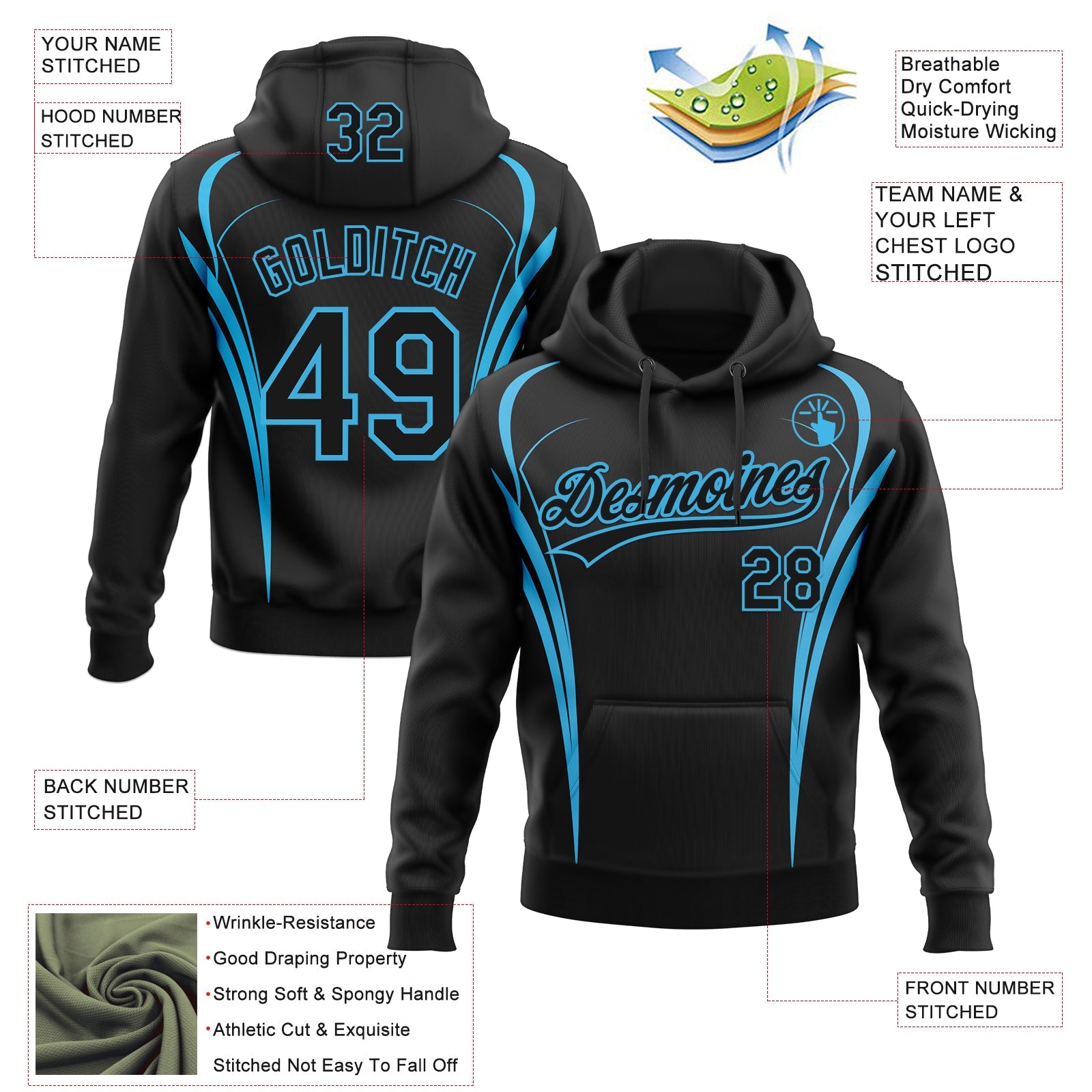 Custom Stitched Black Sky Blue E-sports Pattern Pullover Sweatshirt Hoodie view 4