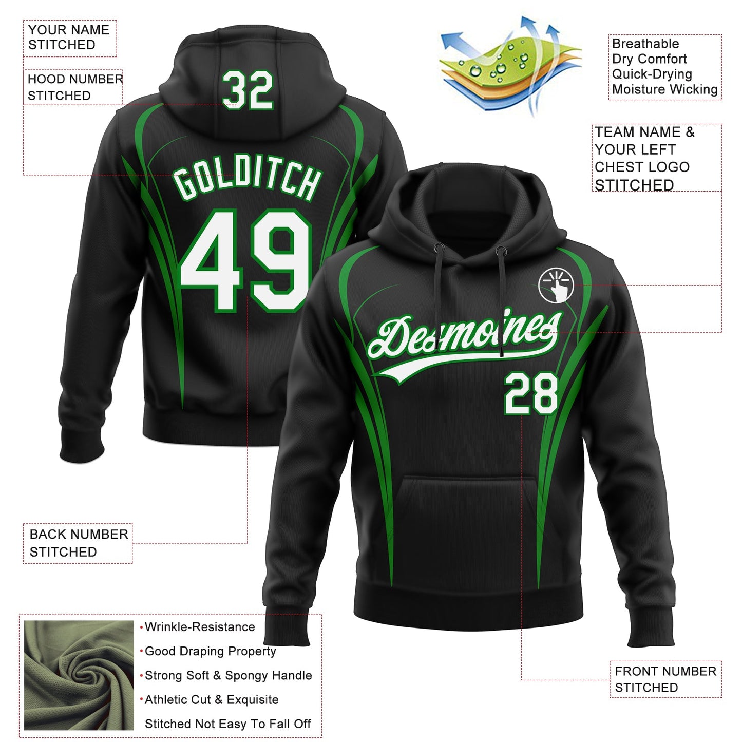 Custom Stitched Black White-Grass Green E-sports Pattern Pullover Sweatshirt Hoodie view 4
