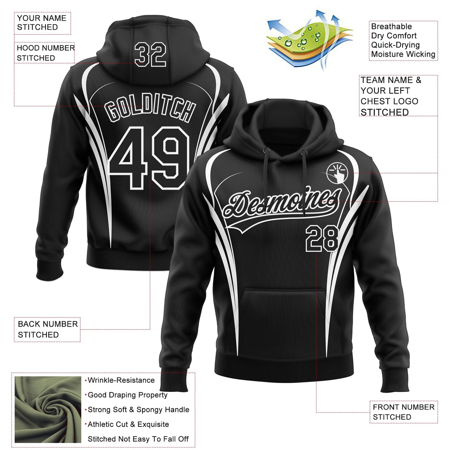 Custom Stitched Black White E-sports Pattern Pullover Sweatshirt Hoodie view 4