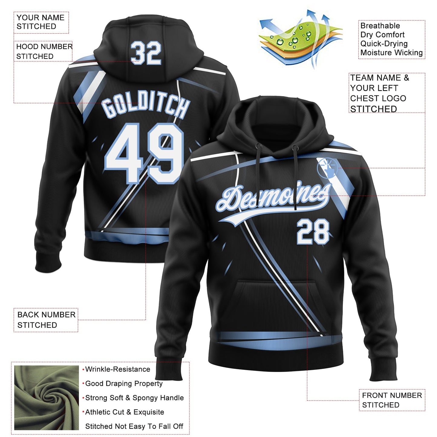 Custom Stitched Black White-Light Blue E-sports Pattern Pullover Sweatshirt Hoodie view 4