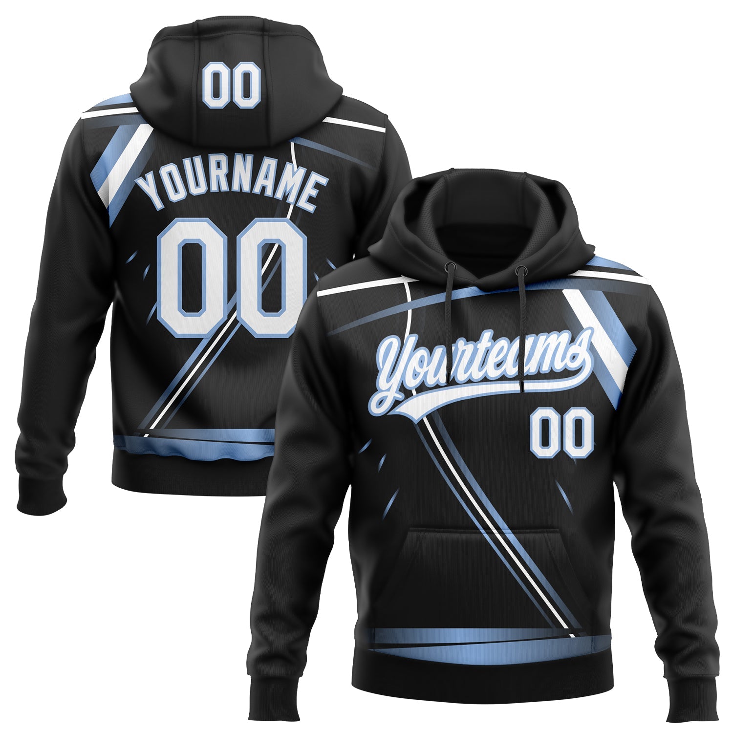 Custom Stitched Black White-Light Blue E-sports Pattern Pullover Sweatshirt Hoodie - Main View