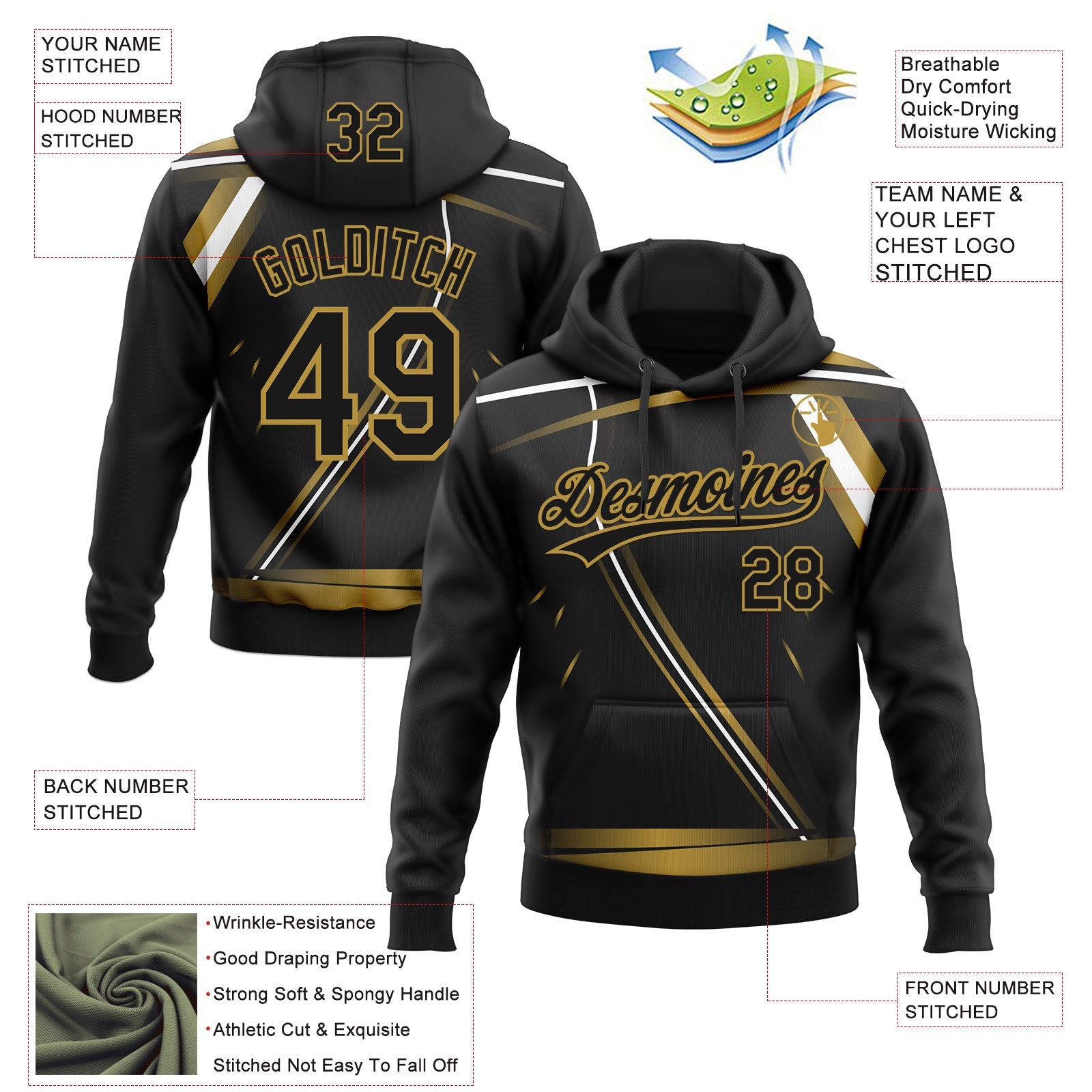 Custom Stitched Black Old Gold-White E-sports Pattern Pullover Sweatshirt Hoodie view 4