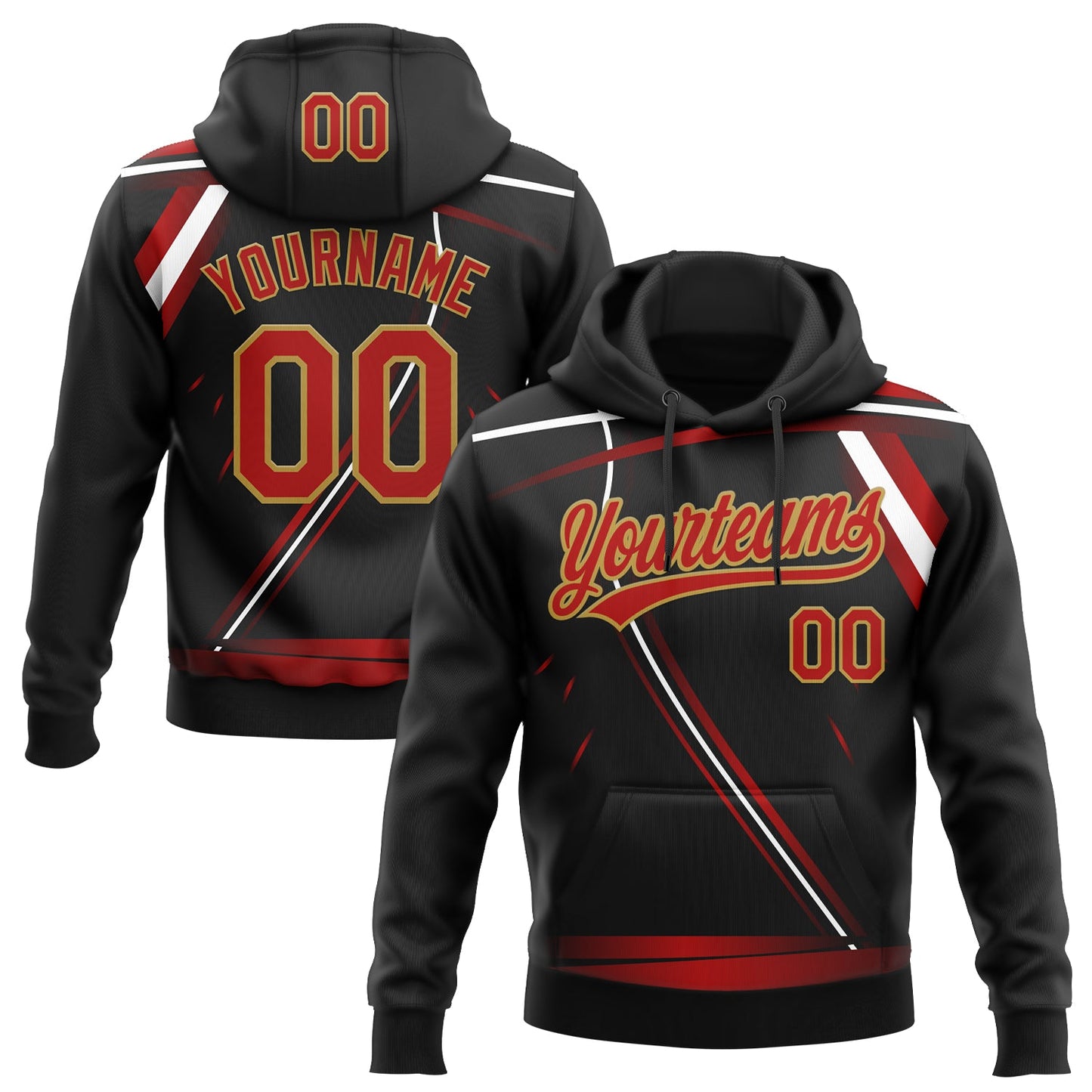 Custom Stitched Black Red Old Gold-White E-sports Pattern Pullover Sweatshirt Hoodie - Main View