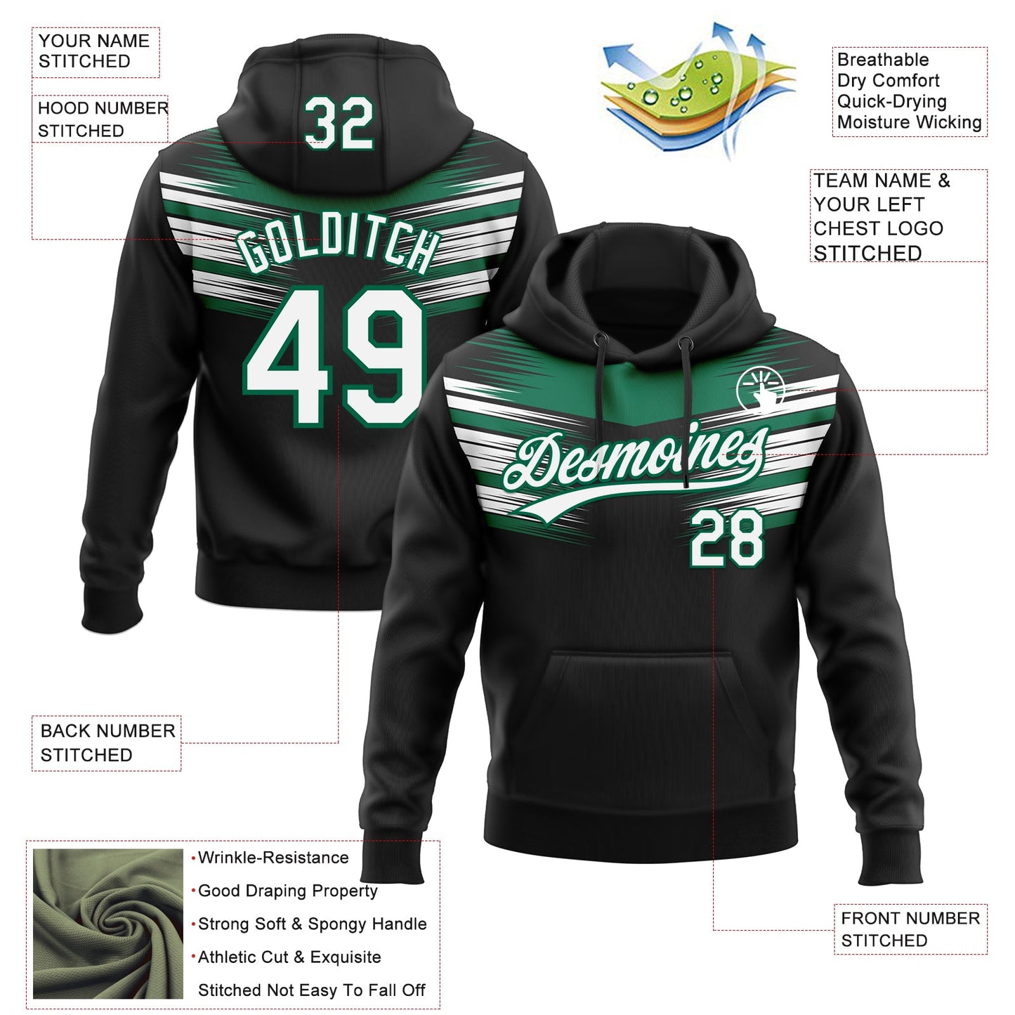 Custom Stitched Black White-Kelly Green E-sports Pattern Pullover Sweatshirt Hoodie view 4