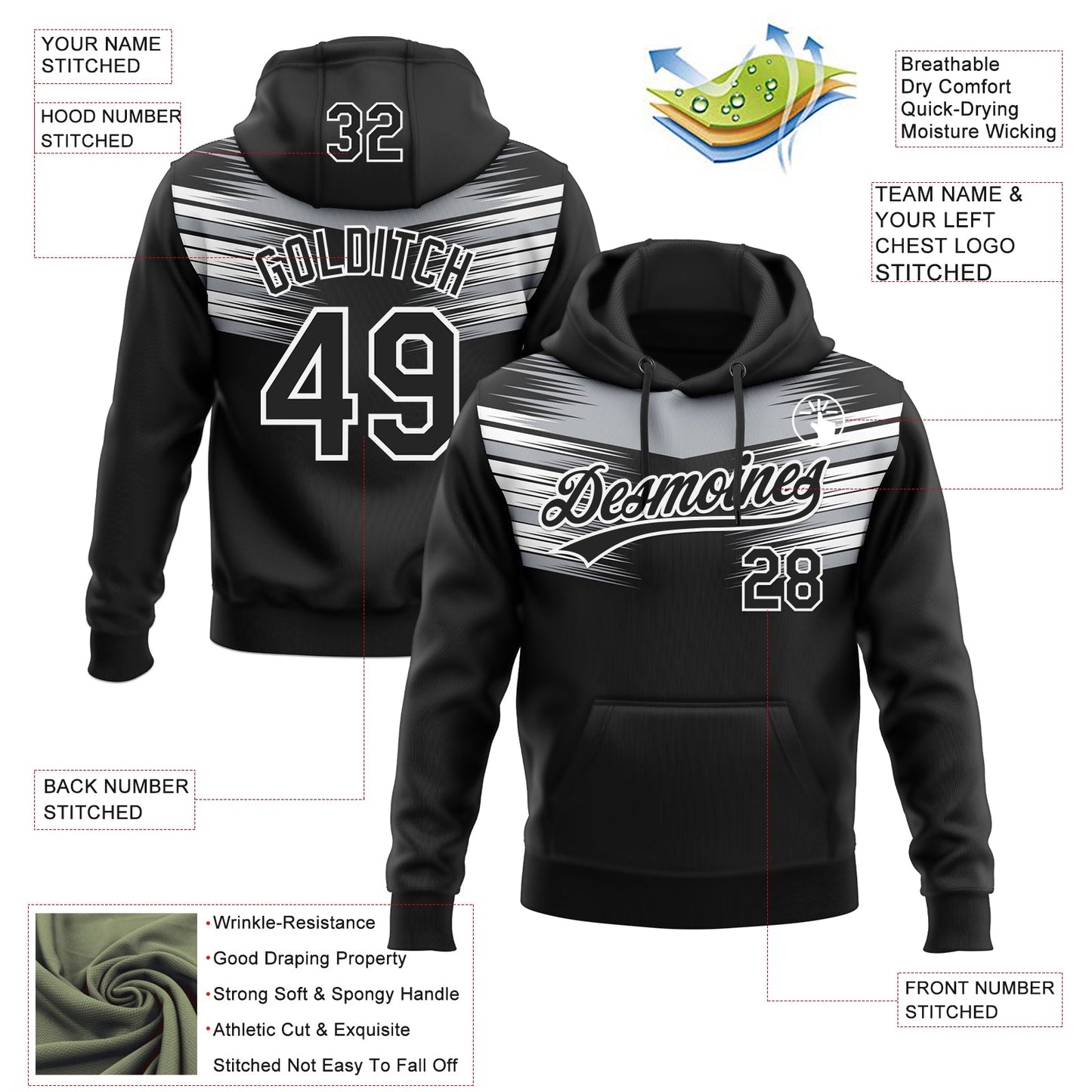 Custom Stitched Black Gray-White E-sports Pattern Pullover Sweatshirt Hoodie view 4
