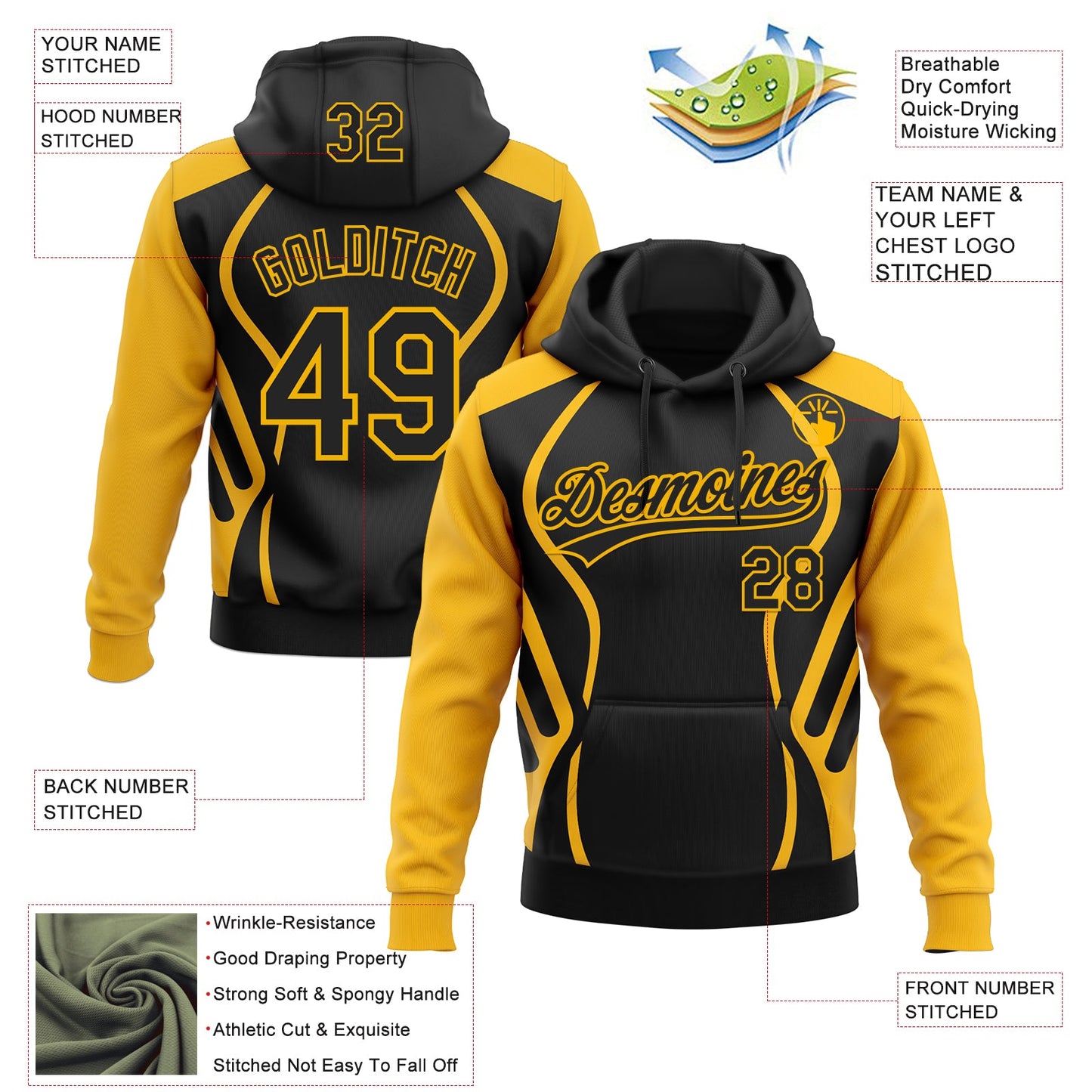 Custom Stitched Black Gold E-sports Pattern Pullover Sweatshirt Hoodie view 4