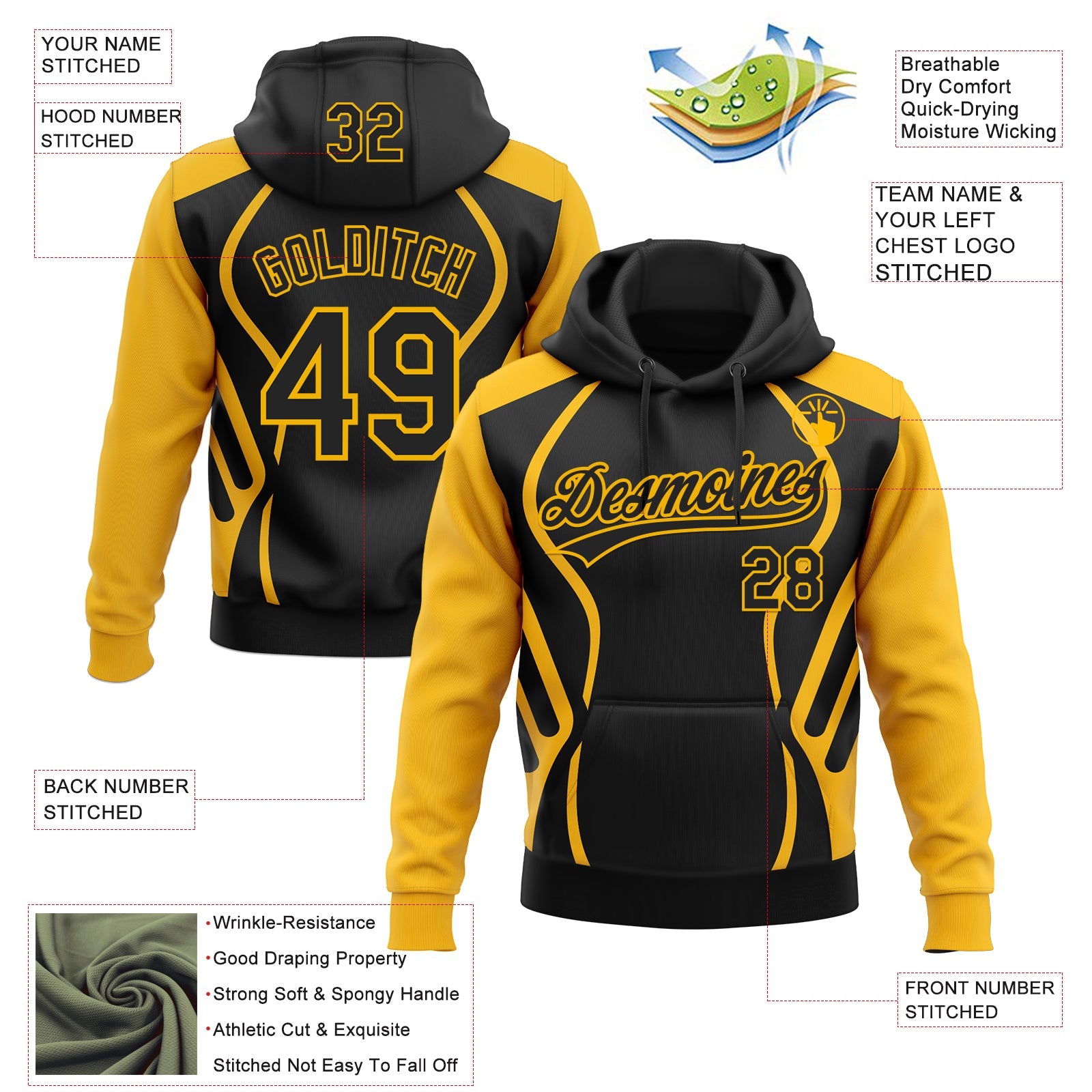 Custom Stitched Black Gold E-sports Pattern Pullover Sweatshirt Hoodie view 4