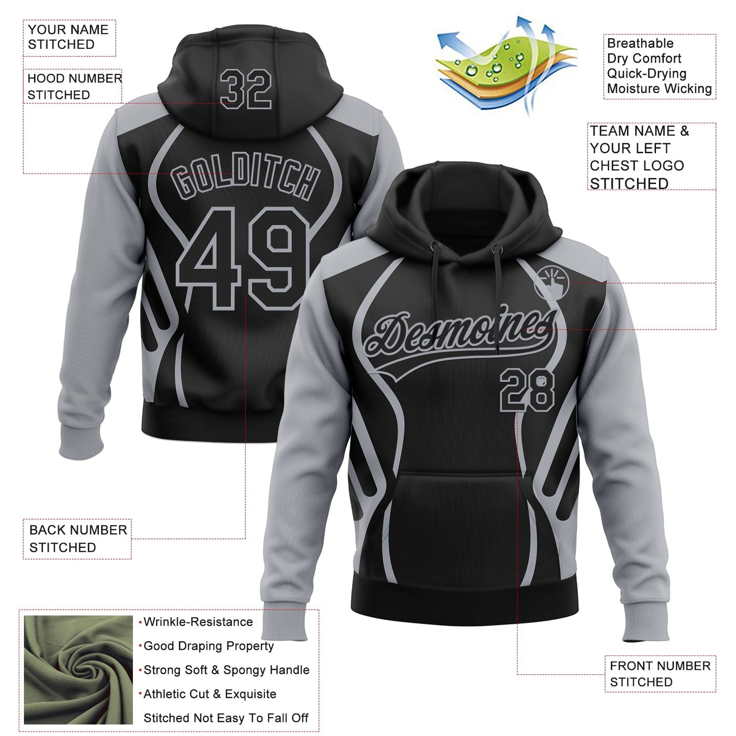 Custom Stitched Black Gray E-sports Pattern Pullover Sweatshirt Hoodie view 4