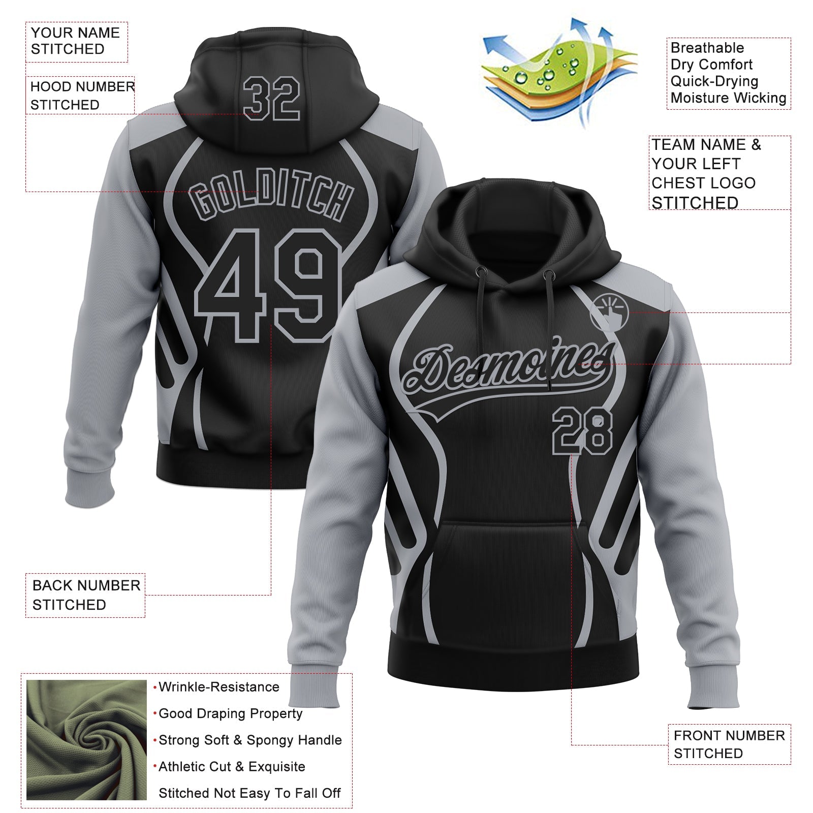 Custom Stitched Black Gray E-sports Pattern Pullover Sweatshirt Hoodie view 4