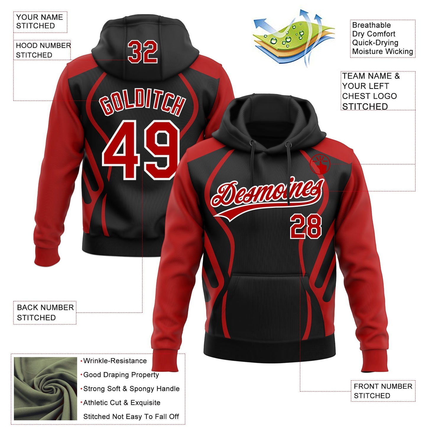 Custom Stitched Black Red-White E-sports Pattern Pullover Sweatshirt Hoodie view 4