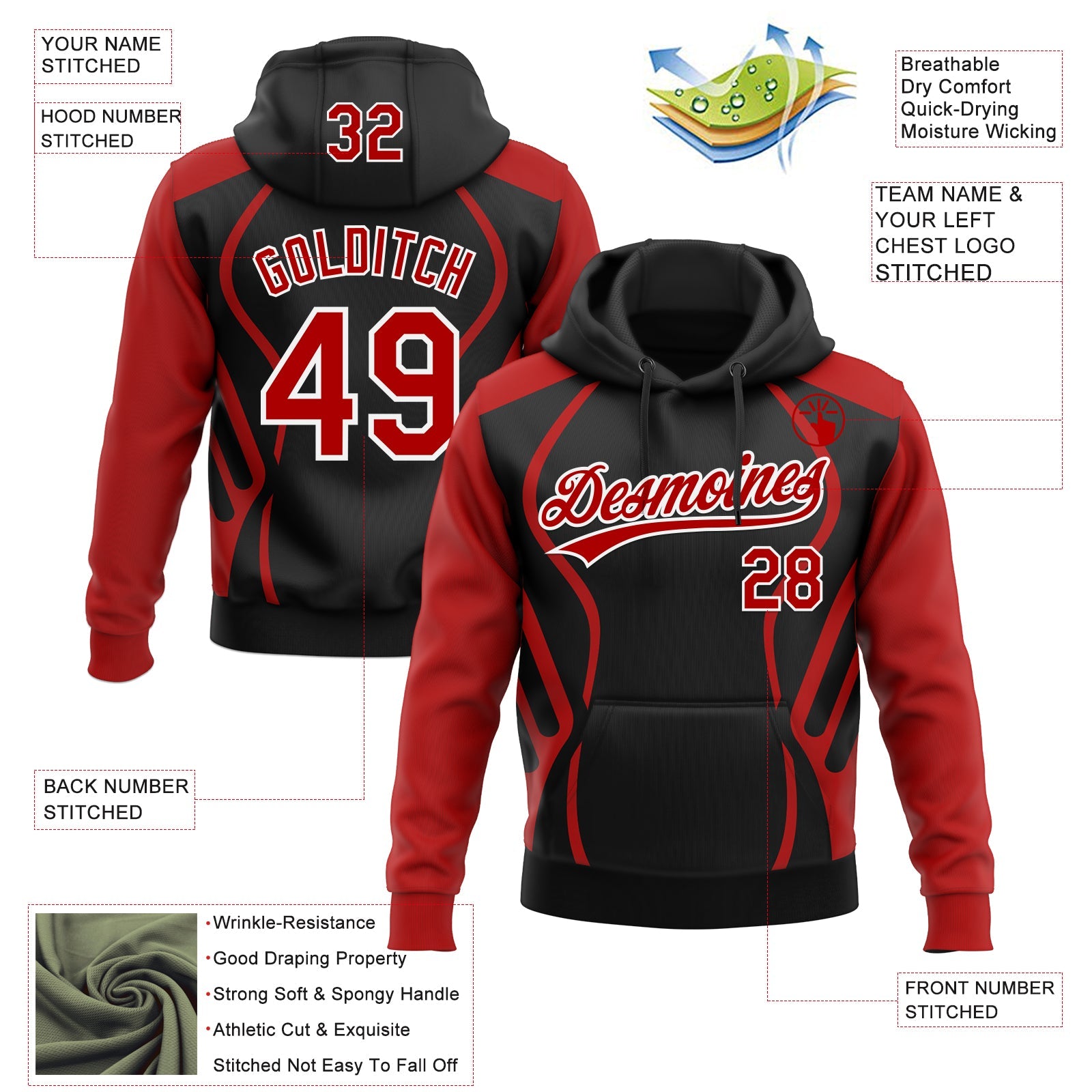 Custom Stitched Black Red-White E-sports Pattern Pullover Sweatshirt Hoodie view 4