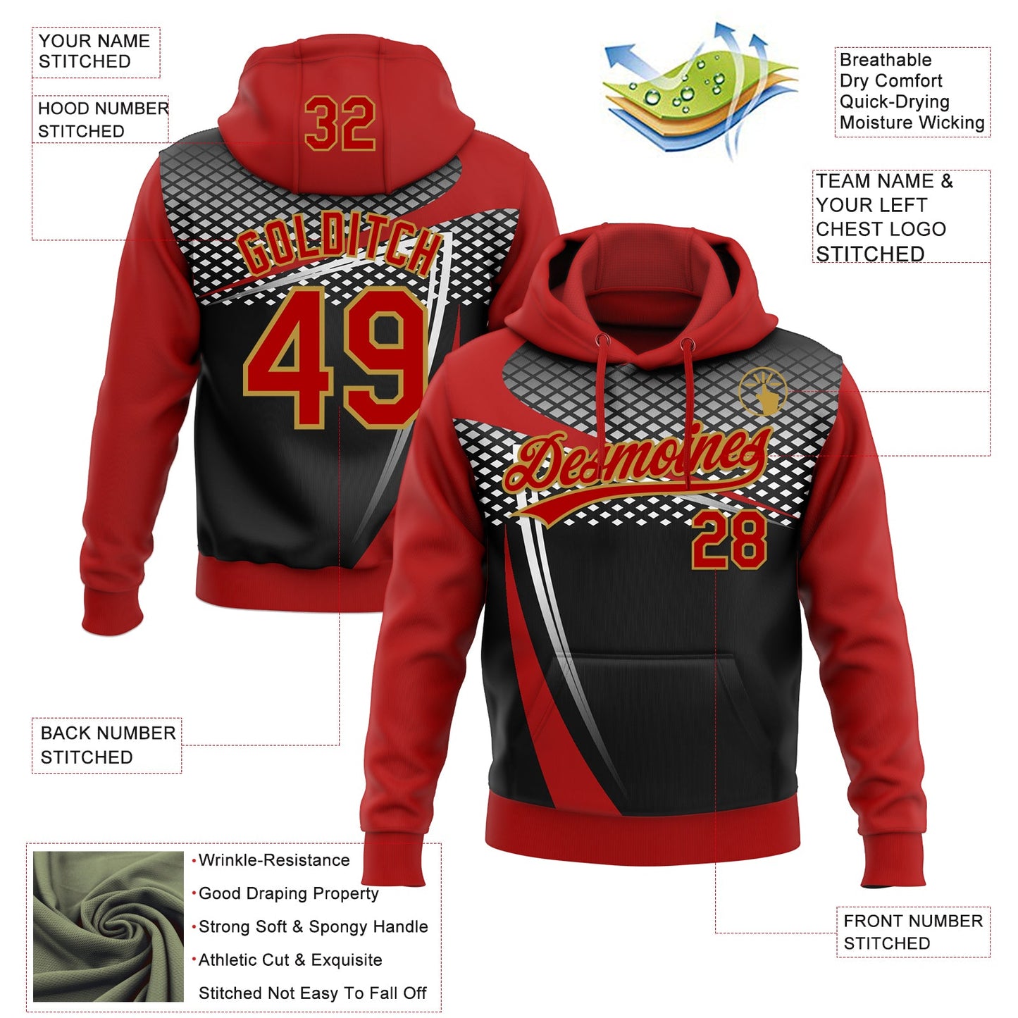 Custom Stitched Red Black Old Gold-White E-sports Pattern Pullover Sweatshirt Hoodie view 4
