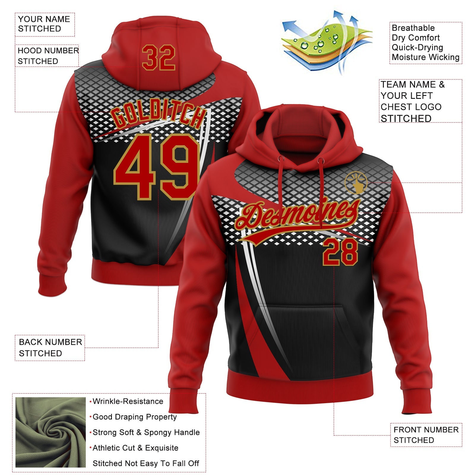Custom Stitched Red Black Old Gold-White E-sports Pattern Pullover Sweatshirt Hoodie view 4