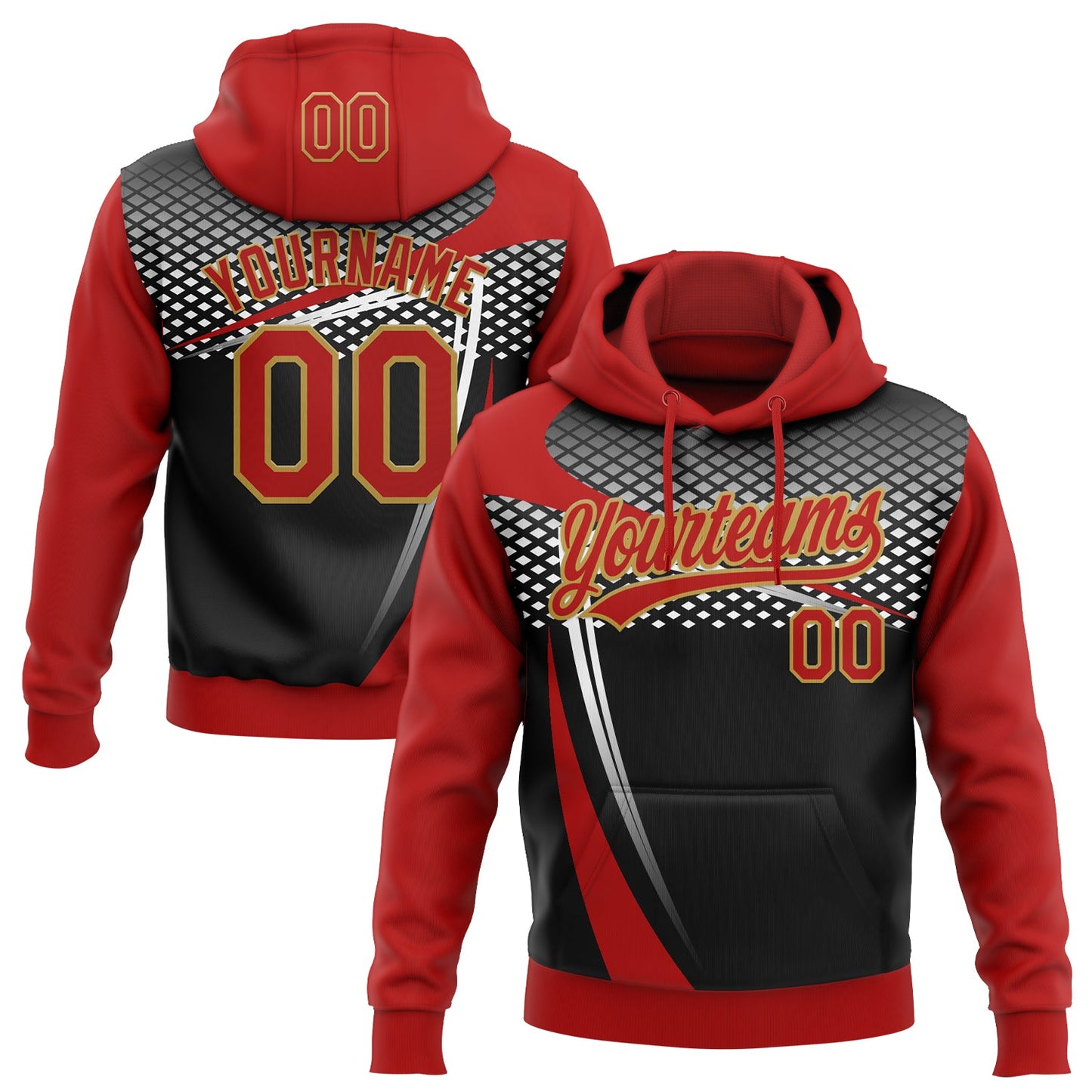 Custom Stitched Red Black Old Gold-White E-sports Pattern Pullover Sweatshirt Hoodie - Main View