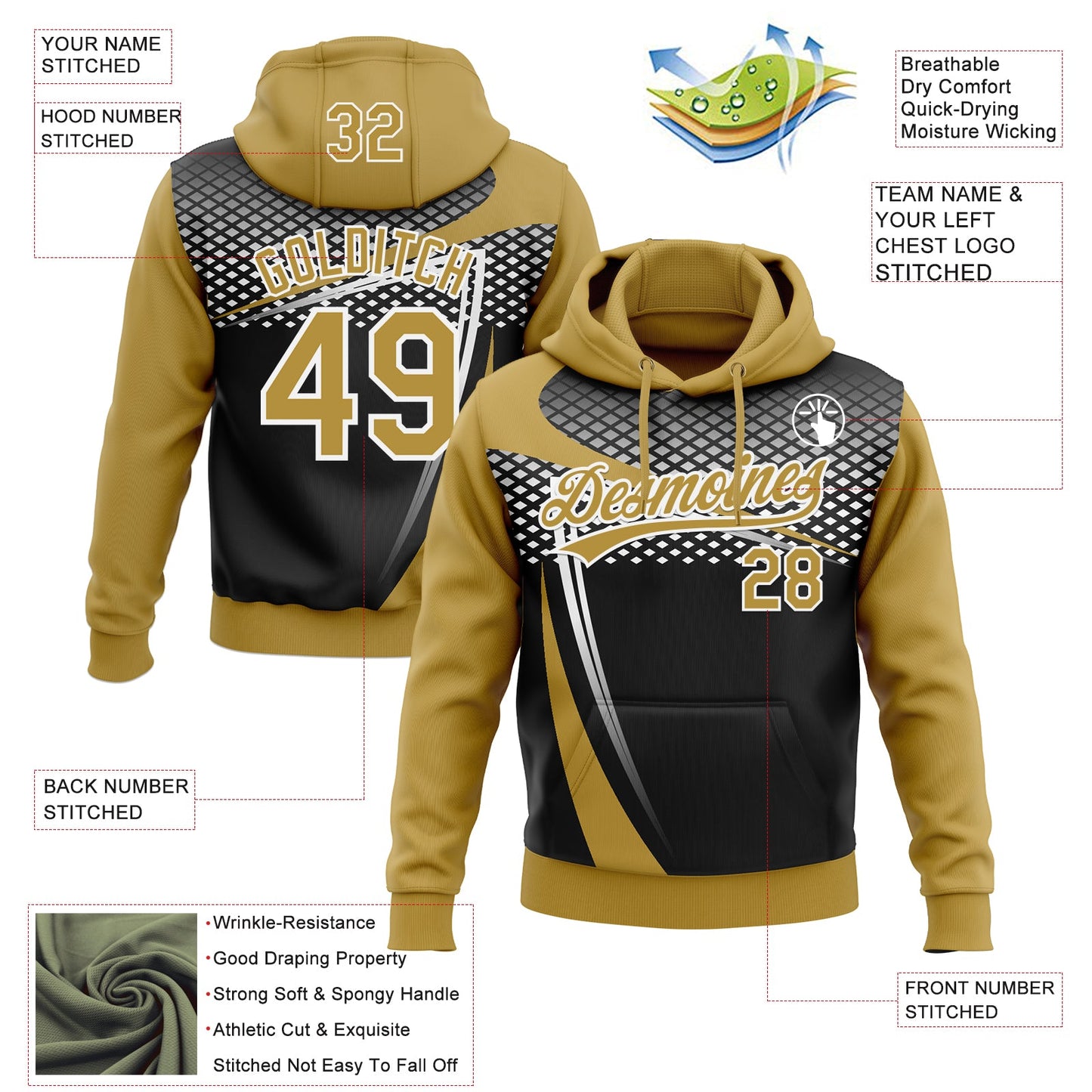 Custom Stitched Old Gold Black-White E-sports Pattern Pullover Sweatshirt Hoodie view 4