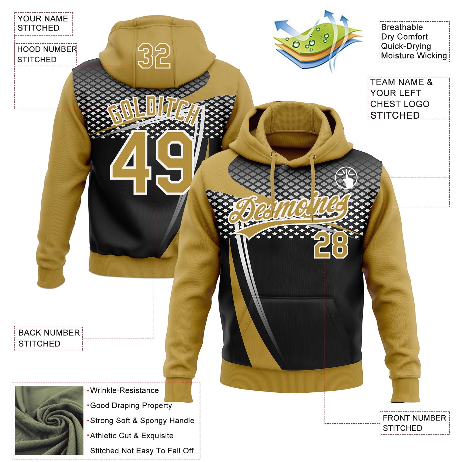 Custom Stitched Old Gold Black-White E-sports Pattern Pullover Sweatshirt Hoodie view 4