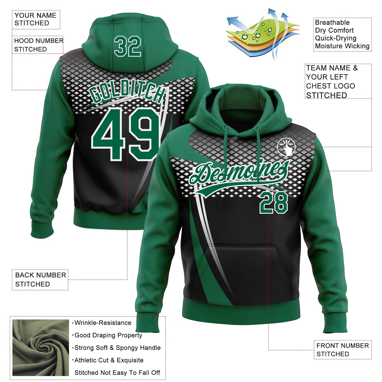 Custom Stitched Kelly Green Black-White E-sports Pattern Pullover Sweatshirt Hoodie view 4
