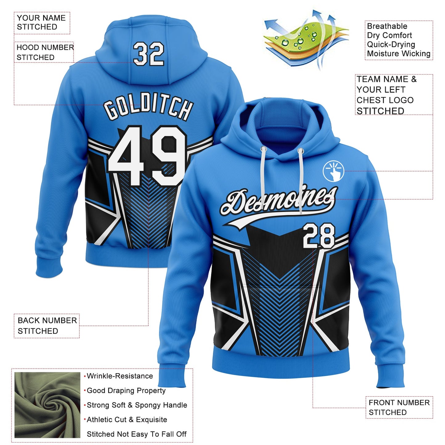 Custom Stitched Powder Blue White-Black E-sports Pattern Pullover Sweatshirt Hoodie view 4