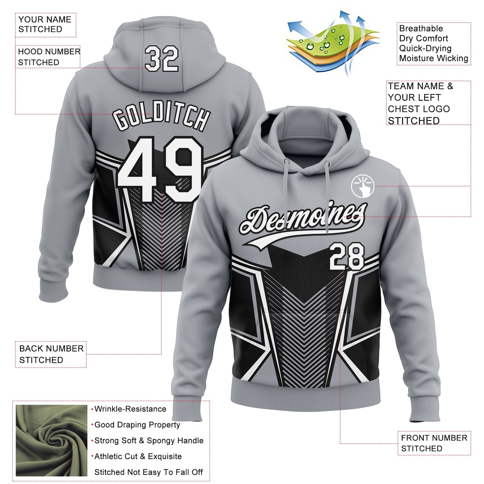 Custom Stitched Gray White-Black E-sports Pattern Pullover Sweatshirt Hoodie view 4