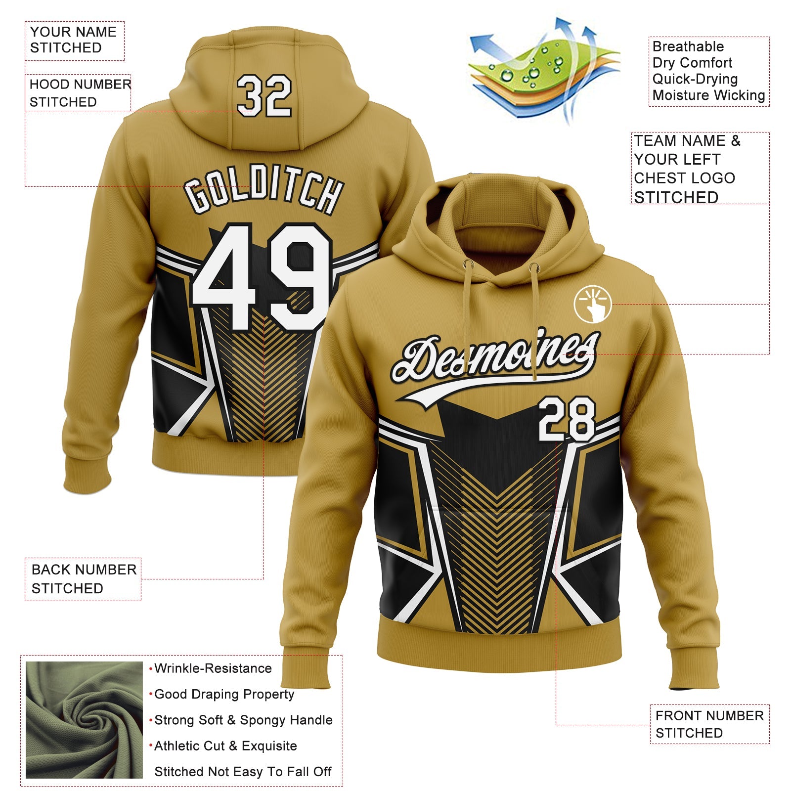 Custom Stitched Old Gold White-Black E-sports Pattern Pullover Sweatshirt Hoodie view 4