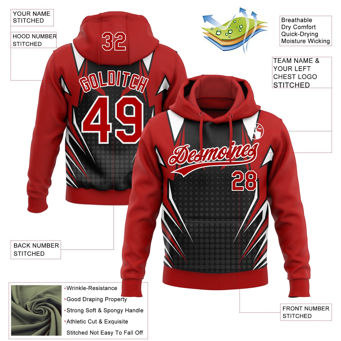 Custom Stitched Red Black-White E-sports Pattern Pullover Sweatshirt Hoodie view 4