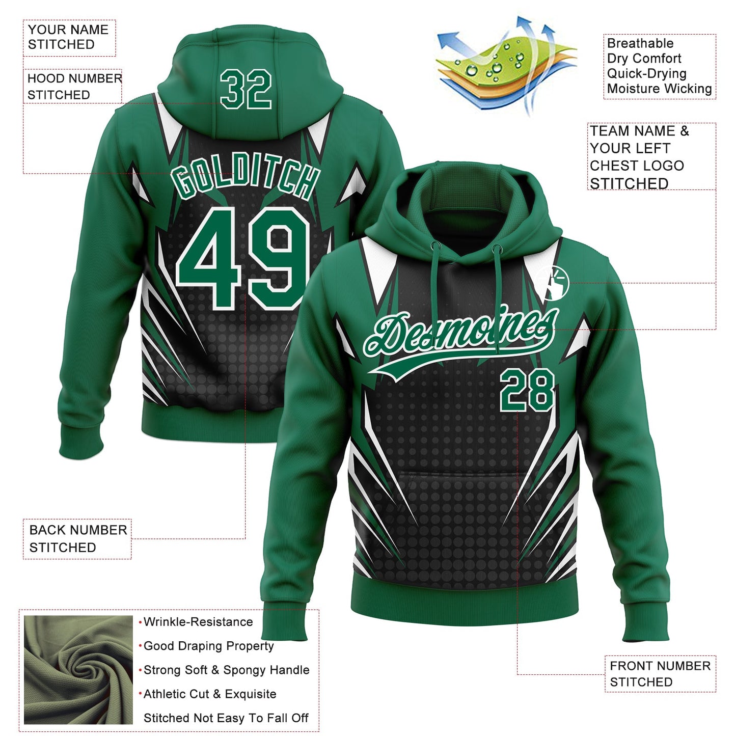 Custom Stitched Kelly Green Black-White E-sports Pattern Pullover Sweatshirt Hoodie view 4