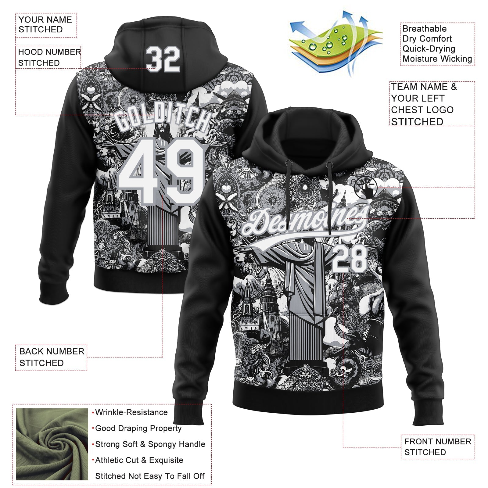 Custom Stitched Black White-Gray Religion Jesus Christ Pullover Sweatshirt Hoodie view 4