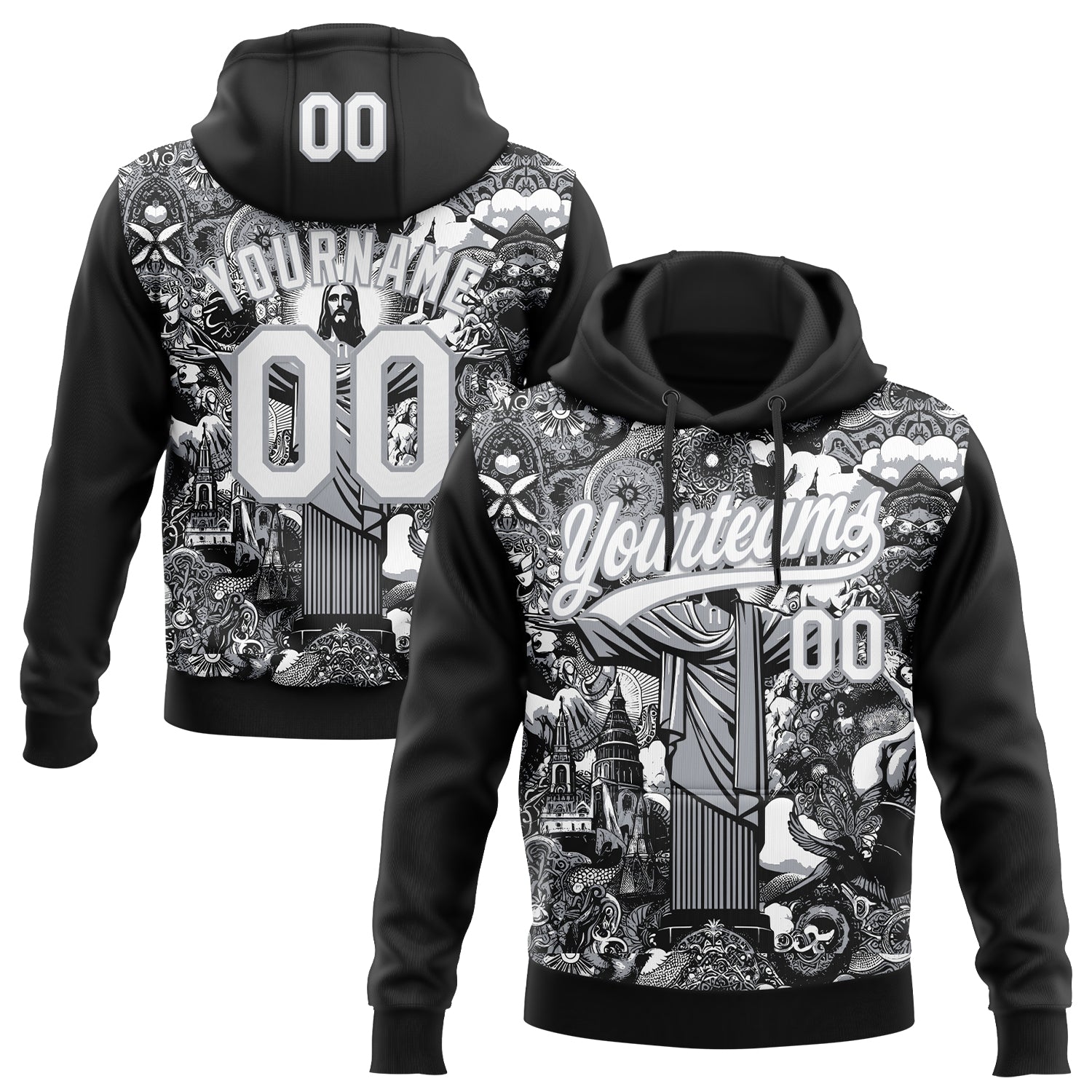 Custom Stitched Black White-Gray Religion Jesus Christ Pullover Sweatshirt Hoodie - Main View